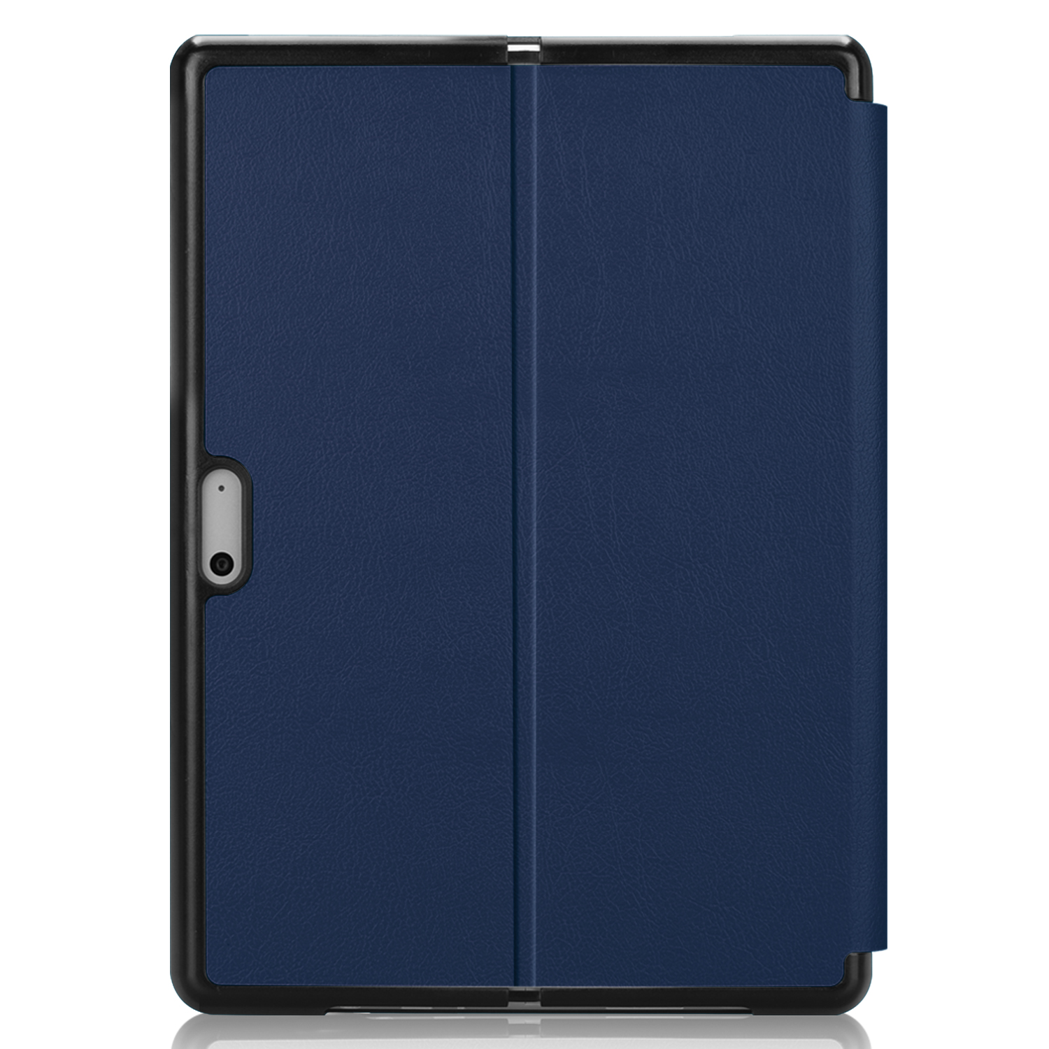 Geschlossene, marineblaue Tablethülle mit schwarzem Rand, zeigt ein Kamer Loch.