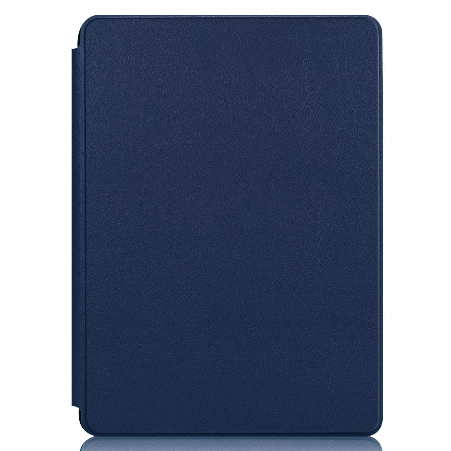 Marineblaues Tablet-Case, geschlossen. Weißer Hintergrund. Lederstruktur.