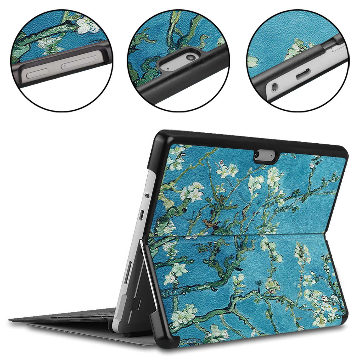 Tablet-Hülle mit Van Goghs Mandelblüten-Kunst, mit verschiedenen Ansichten.