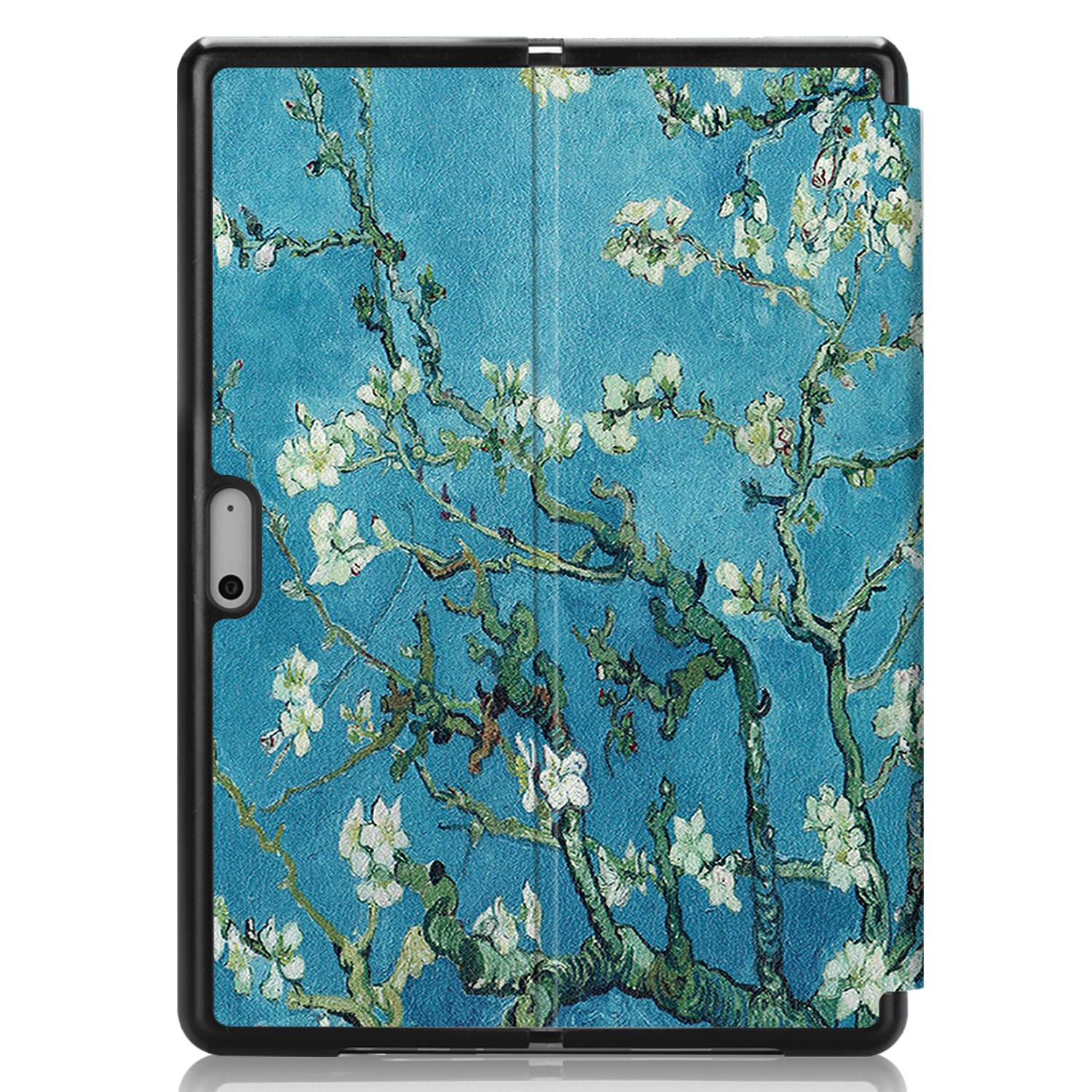 Ein Tablet in einer blauen Hülle mit floralem Design. Die Hülle ist geöffnet und zeigt den Bildschirm.