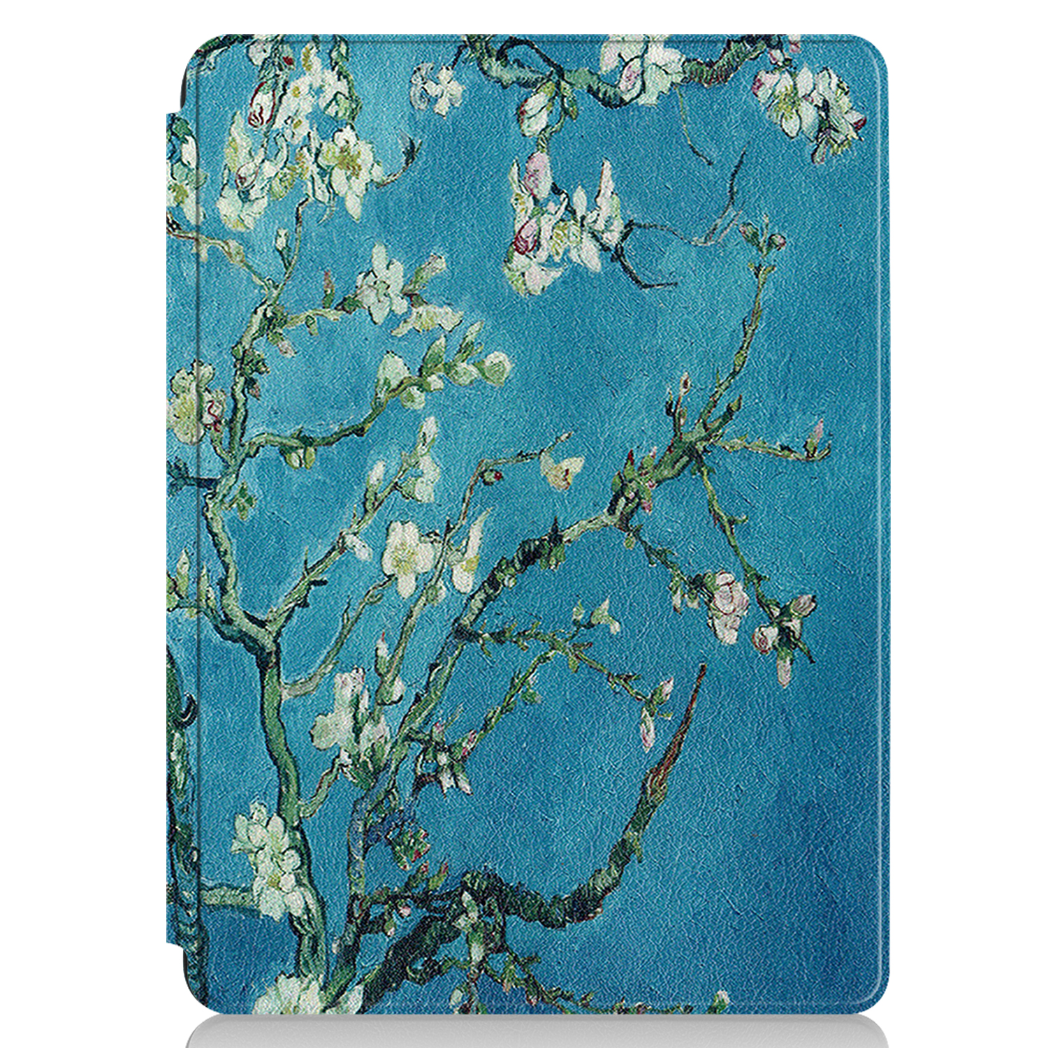 Tablet-Hülle mit Blumenkunst, Van Gogh-Stil, auf blauem Hintergrund.