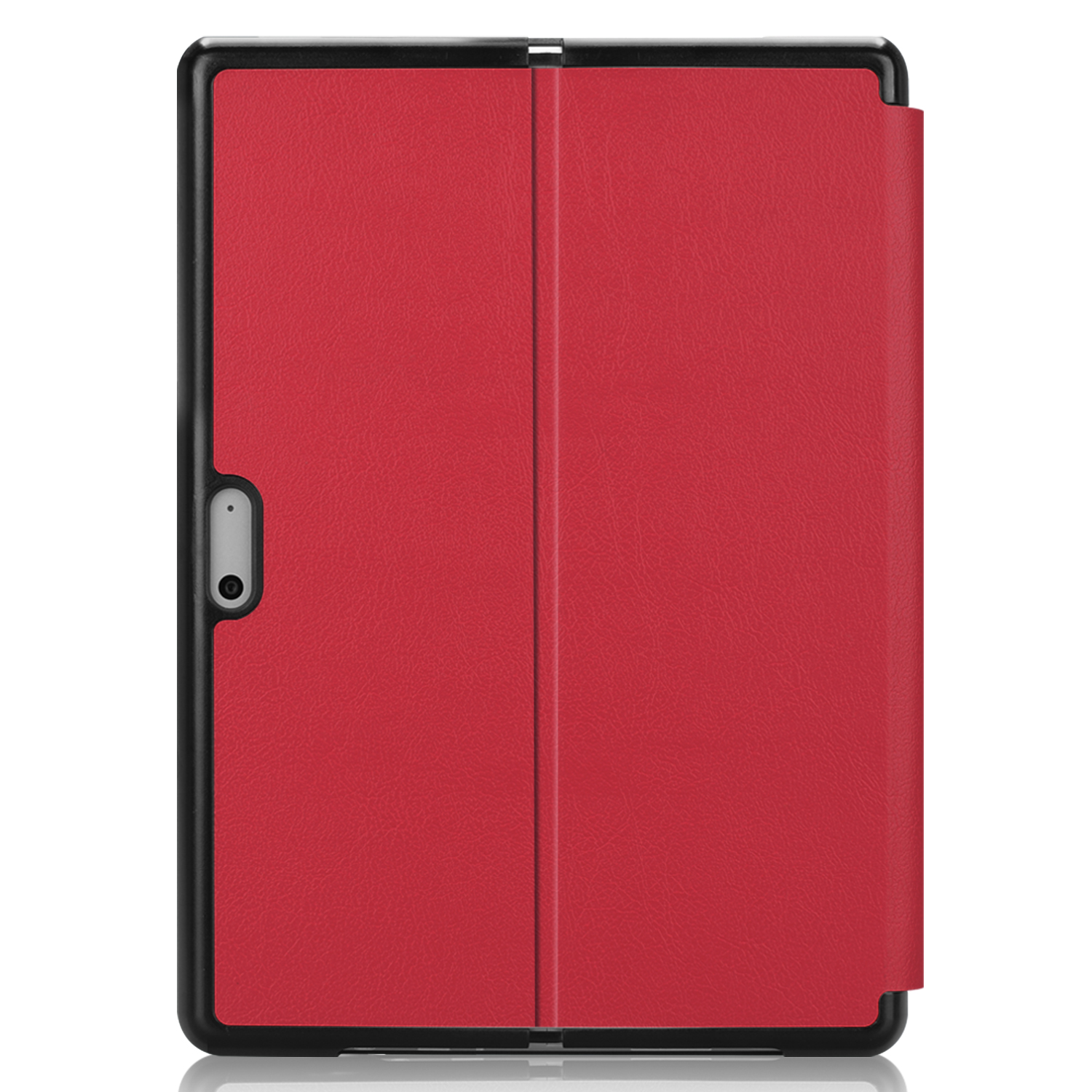 Rote Tablet-Hülle, geöffnet mit Cover und geschlossen mit schwarzem Rahmen.