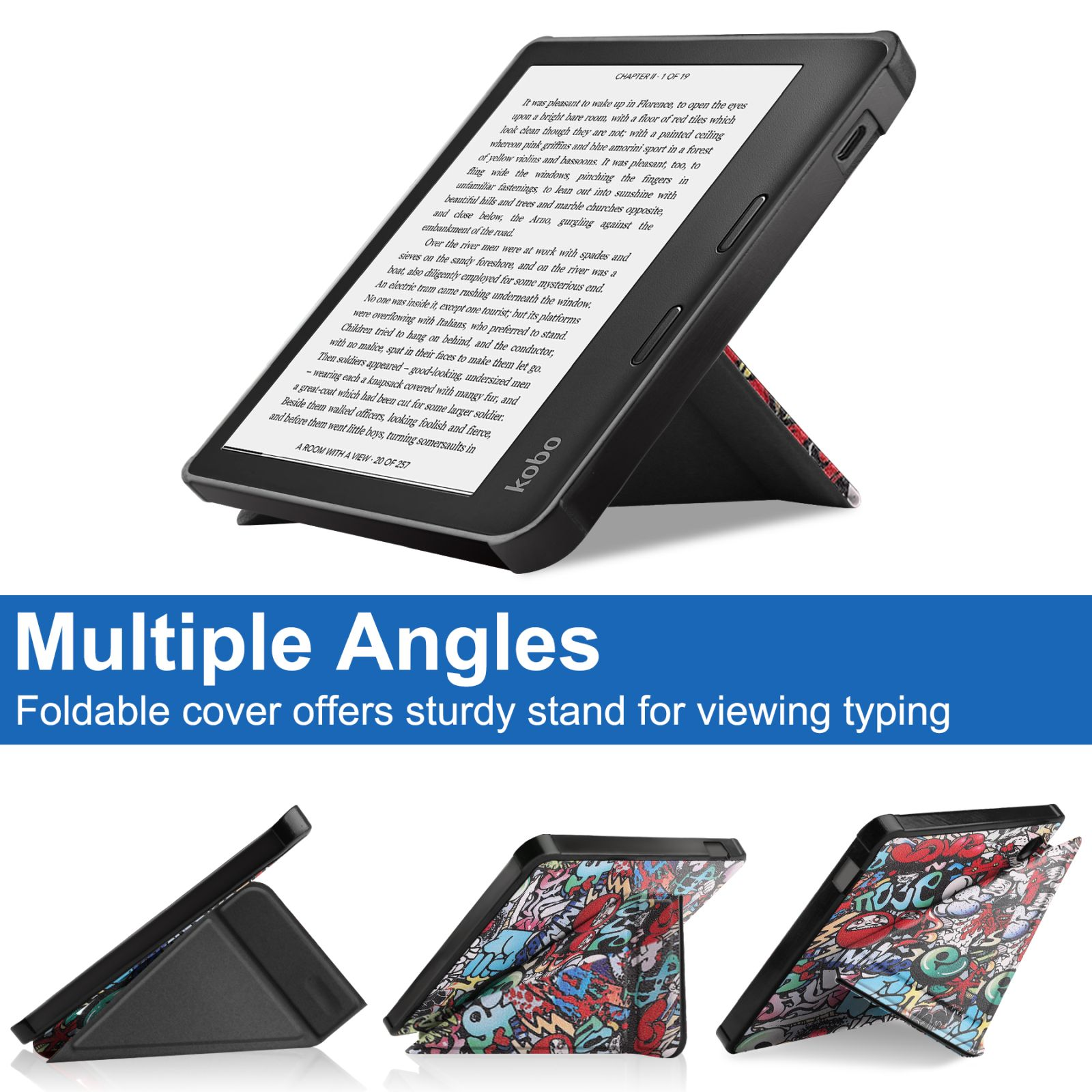 E-Reader auf einem Ständer. Mehrere Winkel gezeigt. Die Hülle ist bunt mit Graffiti-Kunst.