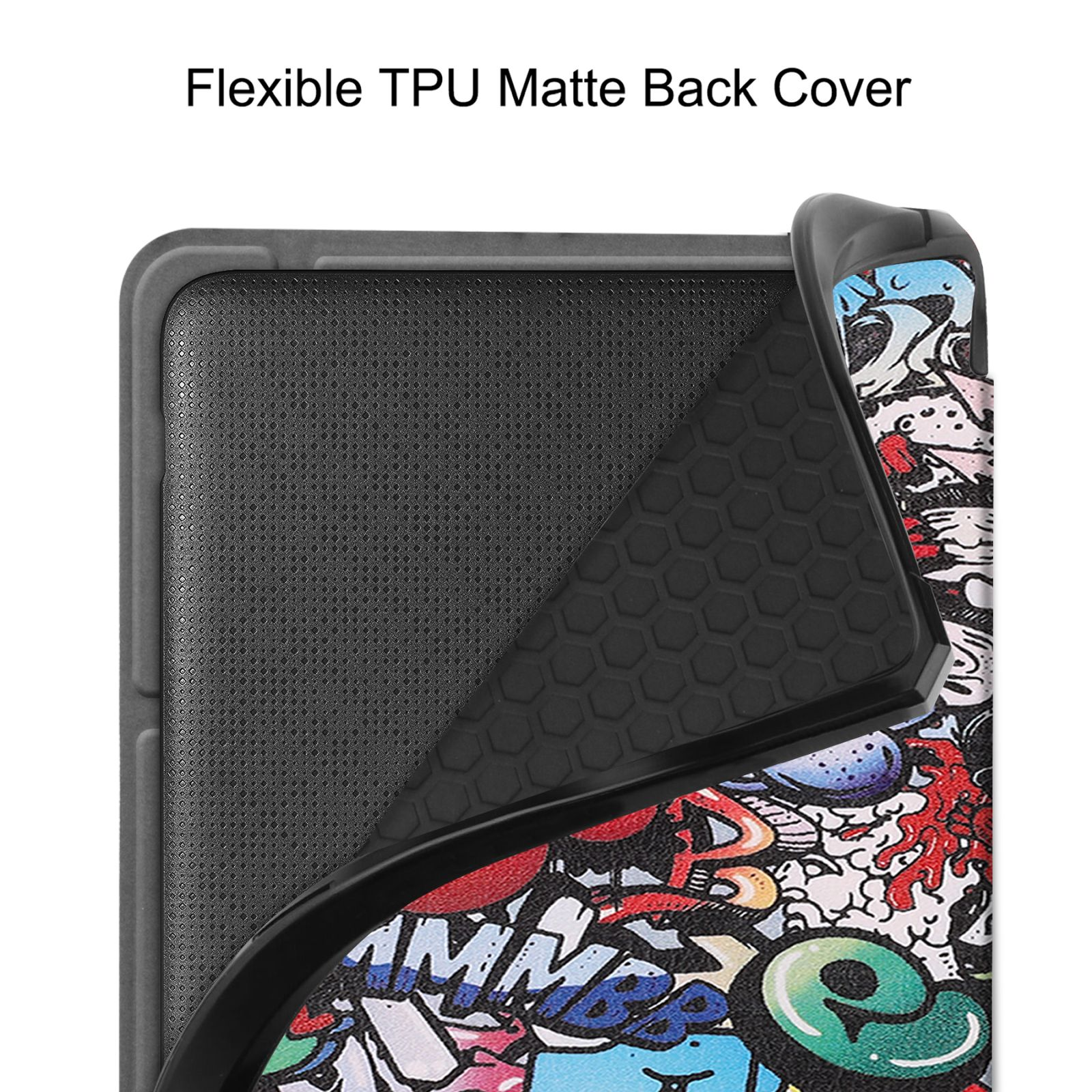 Eine Handyhülle ist teilweise geöffnet. Die Innenseite hat ein schwarzes, strukturiertes Design. Die Außenseite ist bunt.