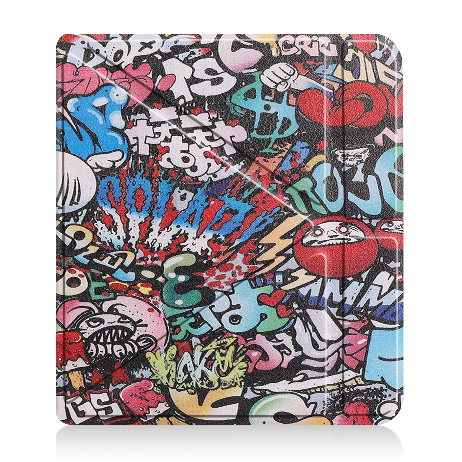 Tablethülle mit Graffiti-Kunst, bunt und lebendig mit Wörtern und Bildern.