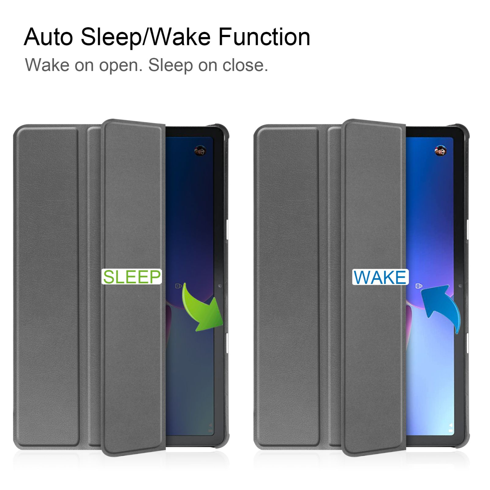 Tablet-Hülle. Links: geschlossen. Rechts: offen, Bildschirm sichtbar. Text: Auto Sleep/Wake Funktion.