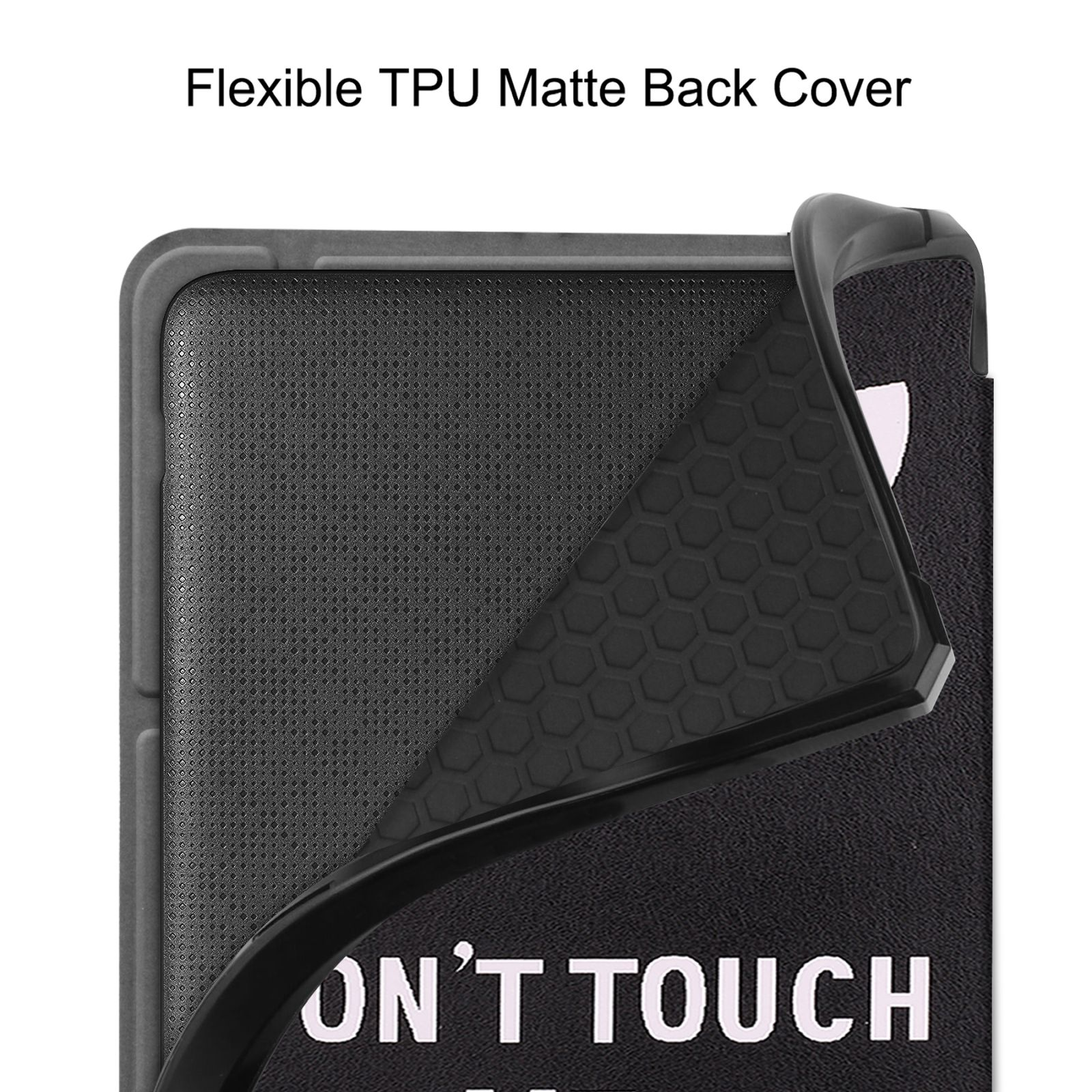 Die Rückseite einer Handyhülle wird gezeigt, mit einem sechseckigen Muster und den Worten 'DON'T TOUCH'.