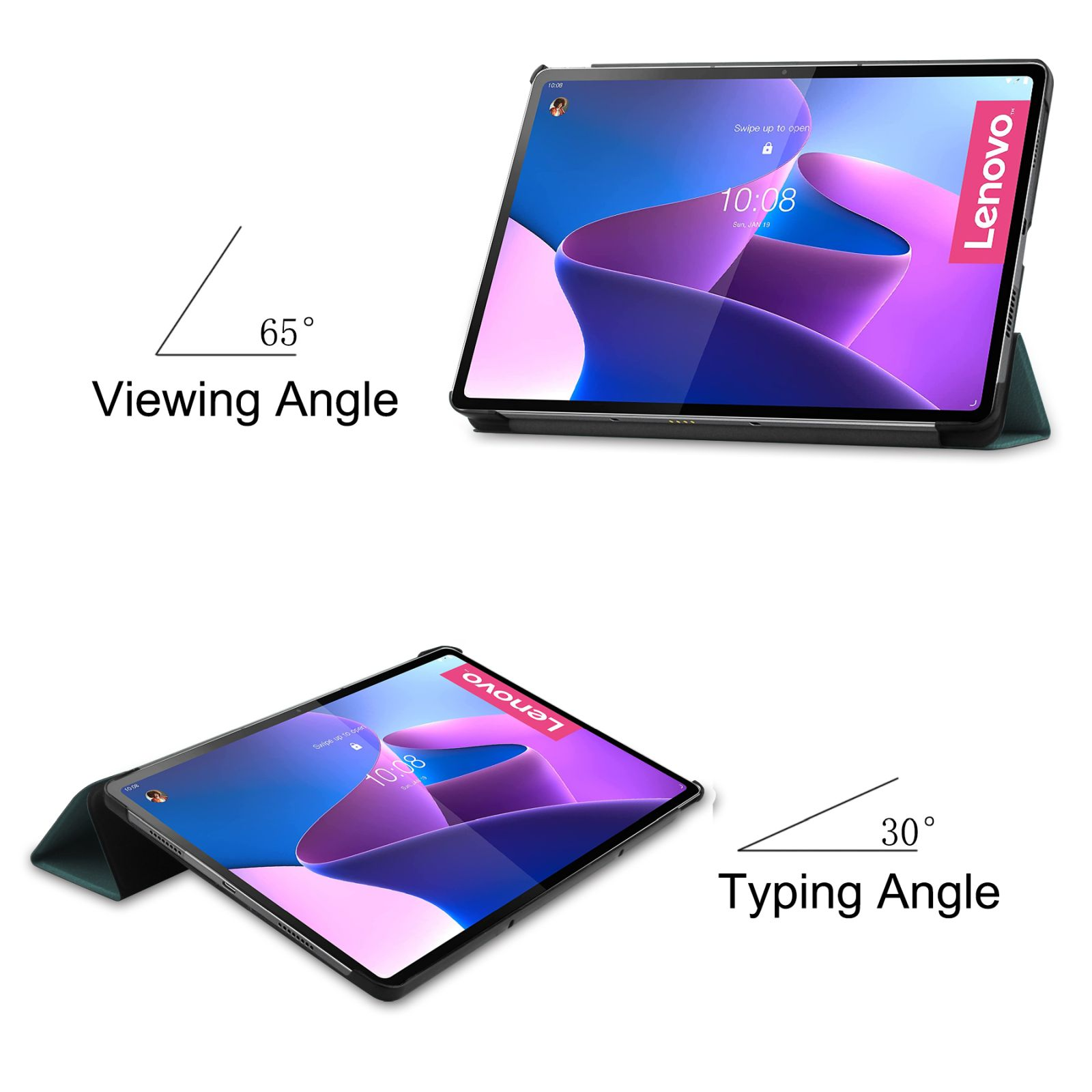 Zwei Tablets. Eines im 65-Grad-Betrachtungswinkel, das andere im 30-Grad-Schreibwinkel. Lenovo-Logo sichtbar.