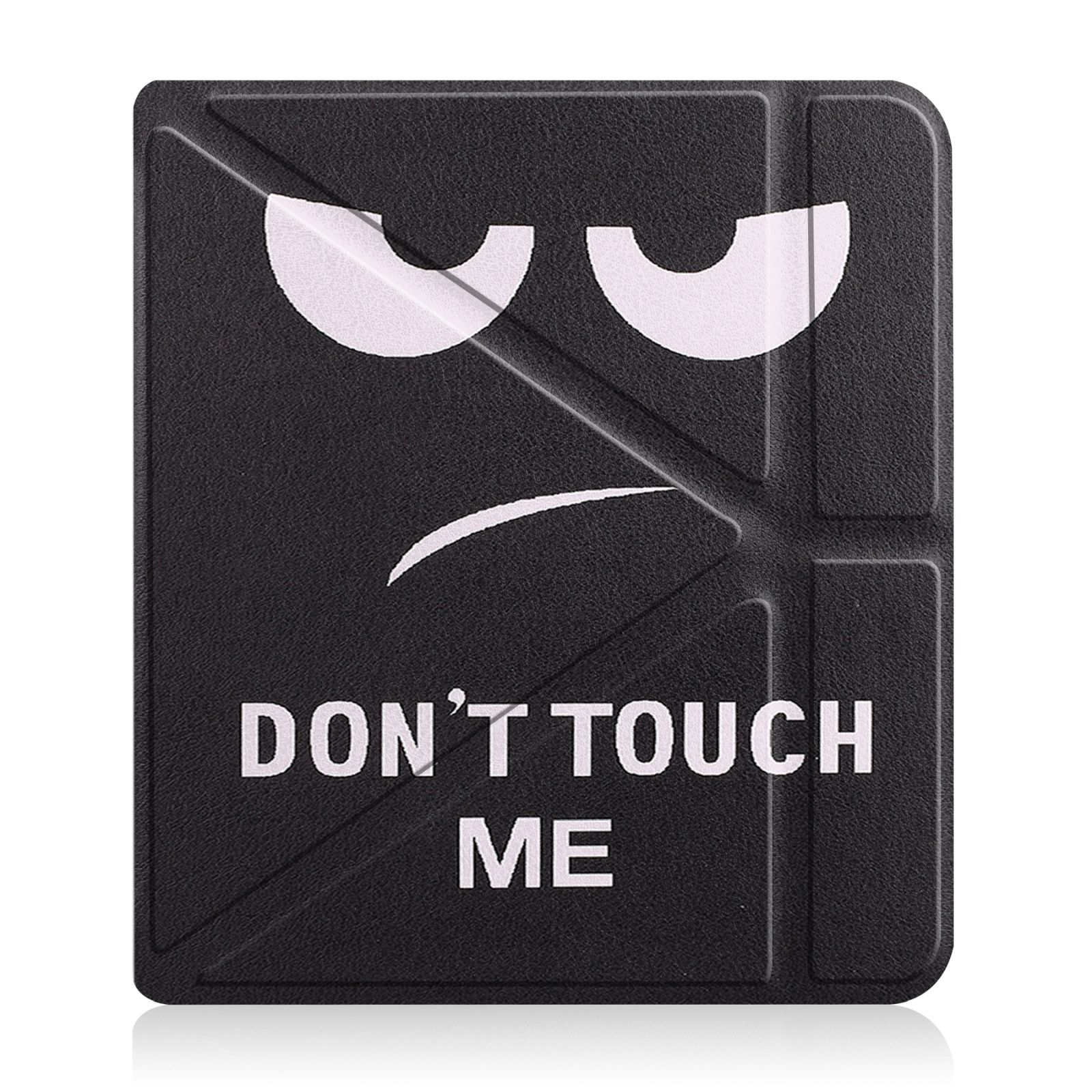 Schwarze Hülle mit Gesicht, das 'DON'T TOUCH ME' sagt. Es ist eine Tablethülle.