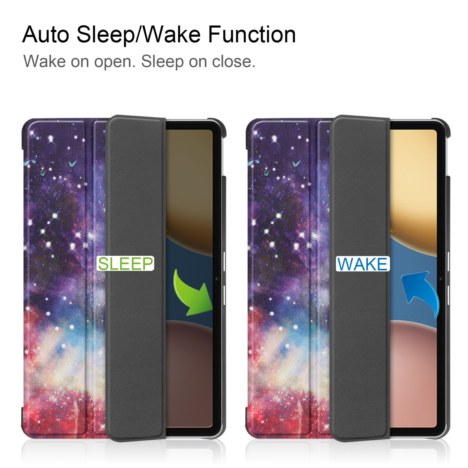 Tablet-Hüllen mit bunten Außenhüllen, eine offen mit „SLEEP“, die andere mit „WAKE“ mit Pfeilen.