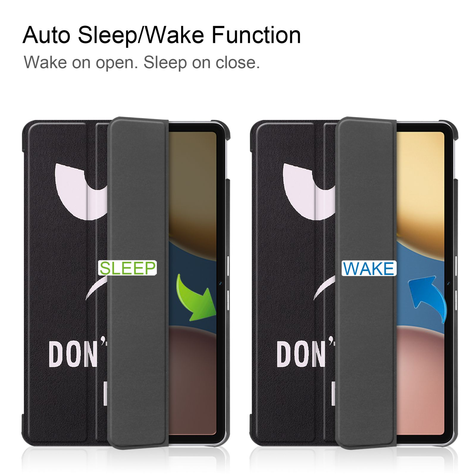 Tablethüllen mit 'Sleep'- und 'Wake'-Funktionen. Text auf den Hüllen, mit Pfeilen.