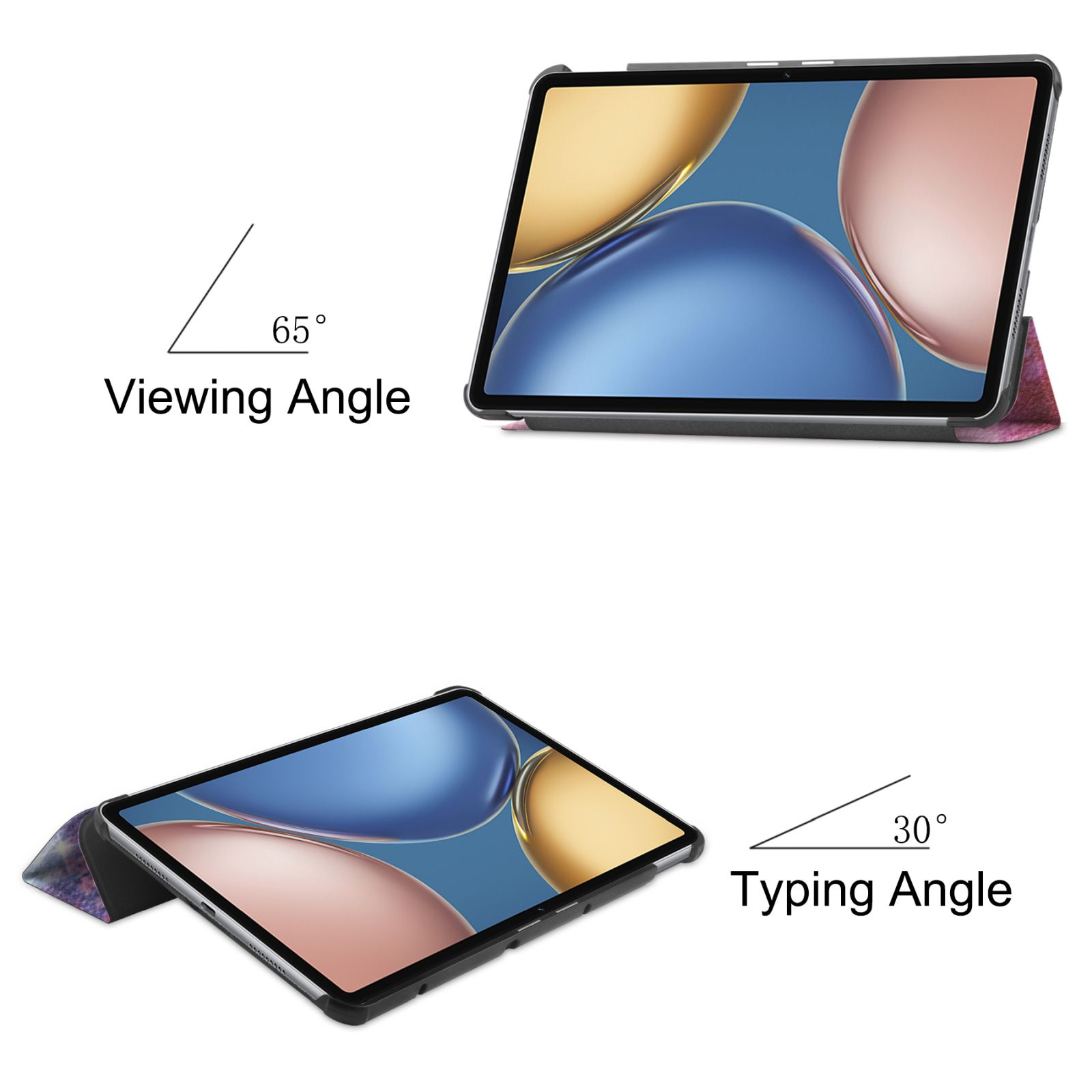Zwei Tablets mit unterschiedlichen Betrachtungs- und Tippwinkeln. Eines zeigt 65°, das andere 30°.