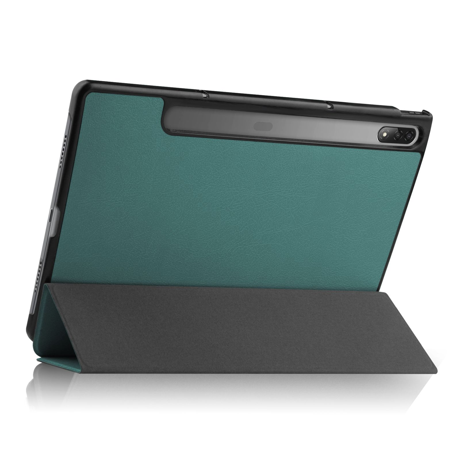 Tablet-Hülle in Blaugrün und Schwarz, gefaltet zur Unterstützung.