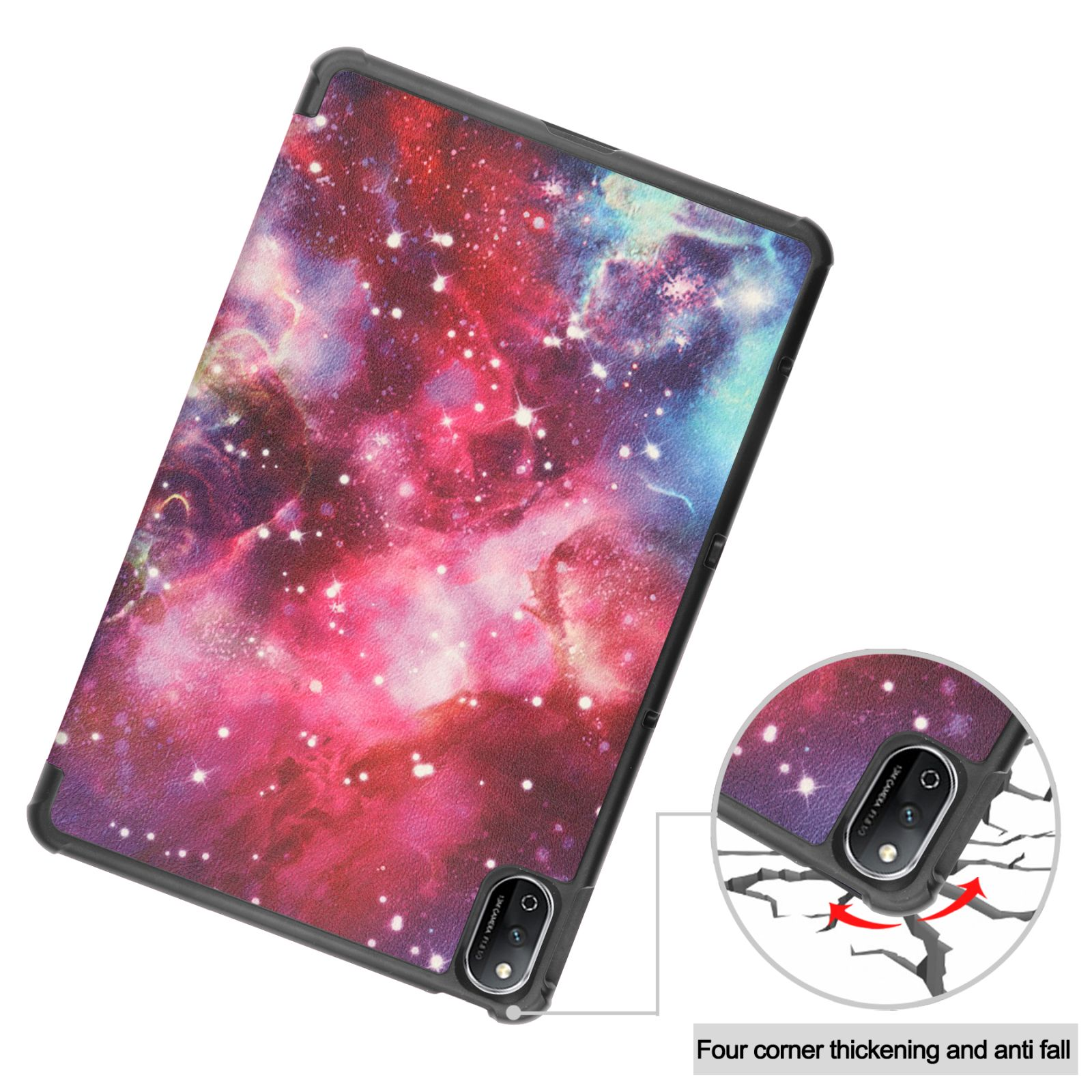 Tablethülle mit Galaxy-Design. Die Hülle hat einen schwarzen Rahmen, Nahaufnahme zeigt Eckenschutz.