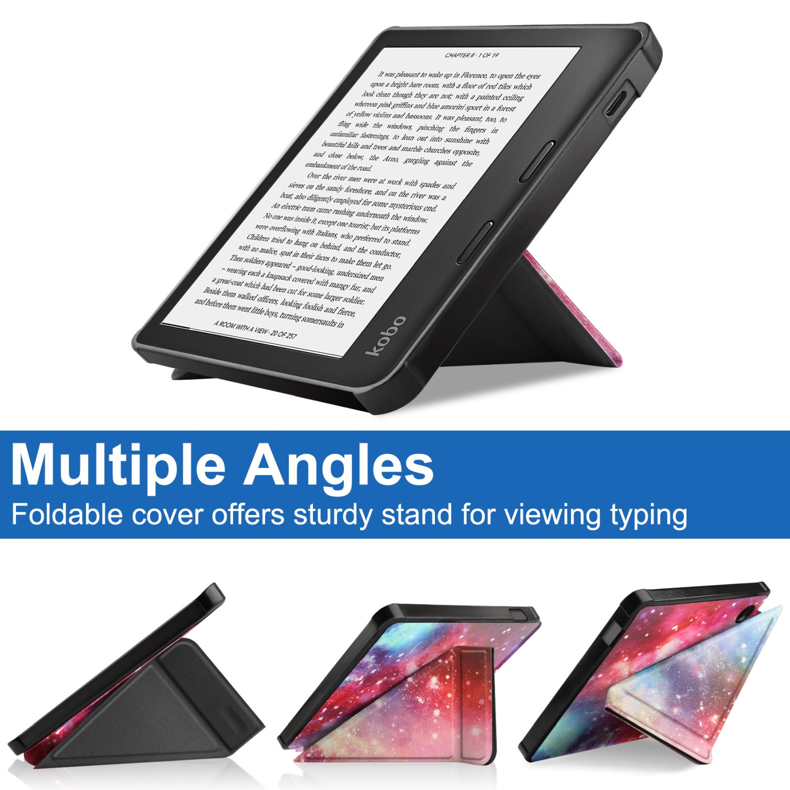 E-Reader auf einem Ständer, aufgeschlagen auf einer Seite, mit einer Hülle, die sich faltet.