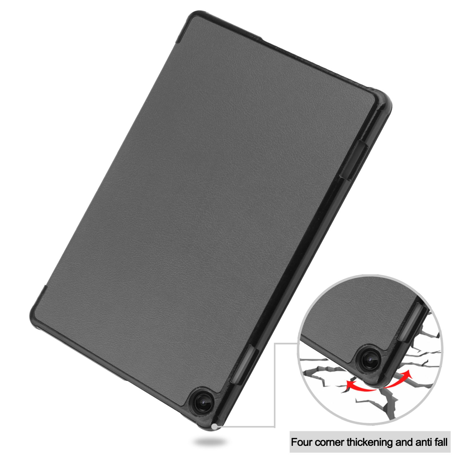 Eine schwarze Tablet-Hülle mit Eckenschutz und Anti-Fall-Funktionen, gezeigt mit einem Riss im Boden.