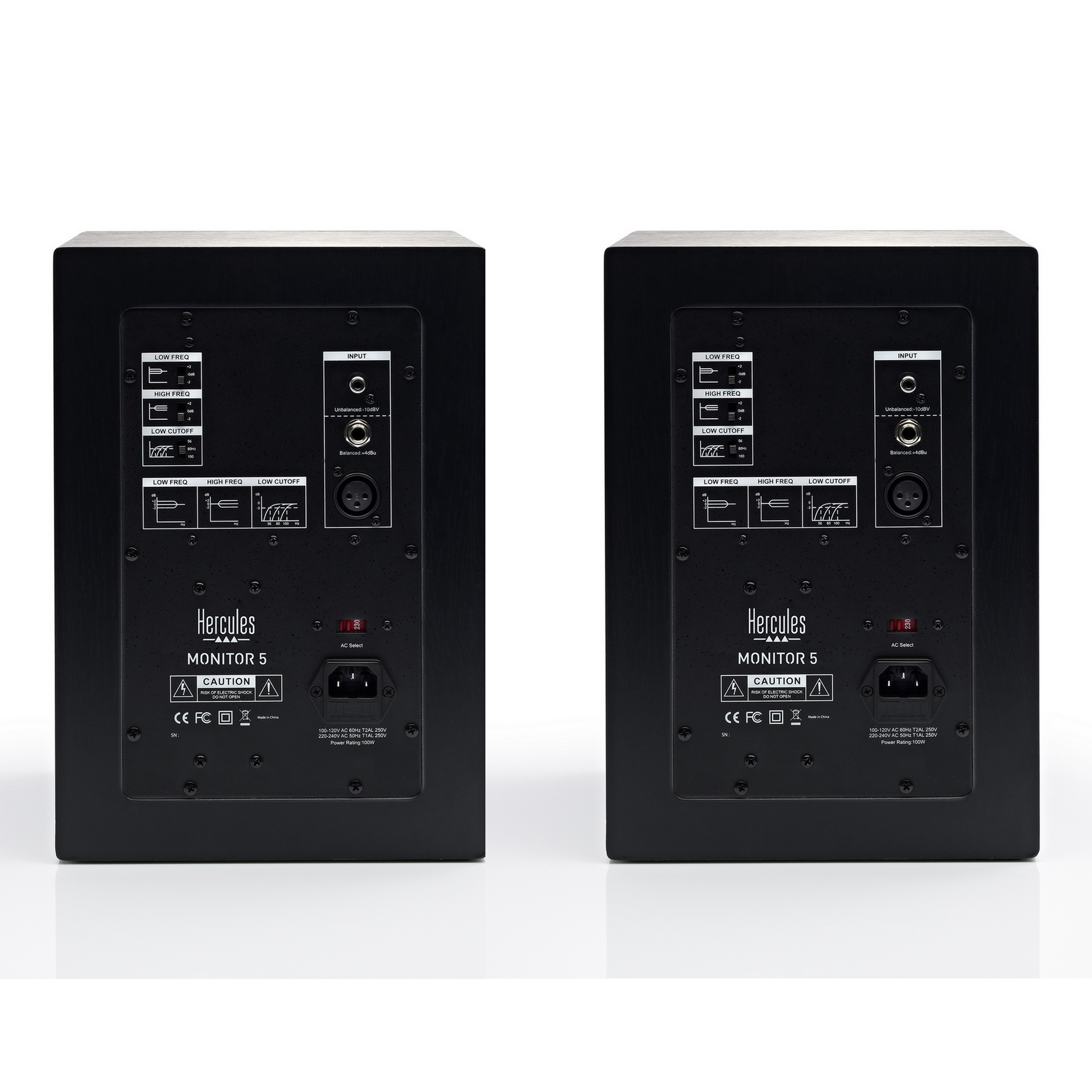 Two black Hercules Monitor 5 speakers. Back view, white background.