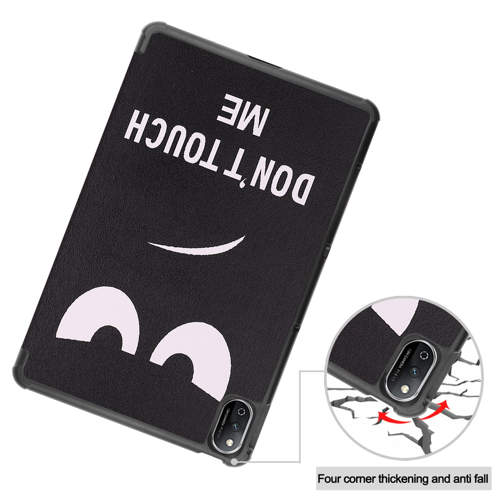 Schwarze Tablet-Hülle mit Gesichtsdesign und dem Text 'DON'T TOUCH ME'. Kleines Diagramm eines gesprungenen Bildschirms.
