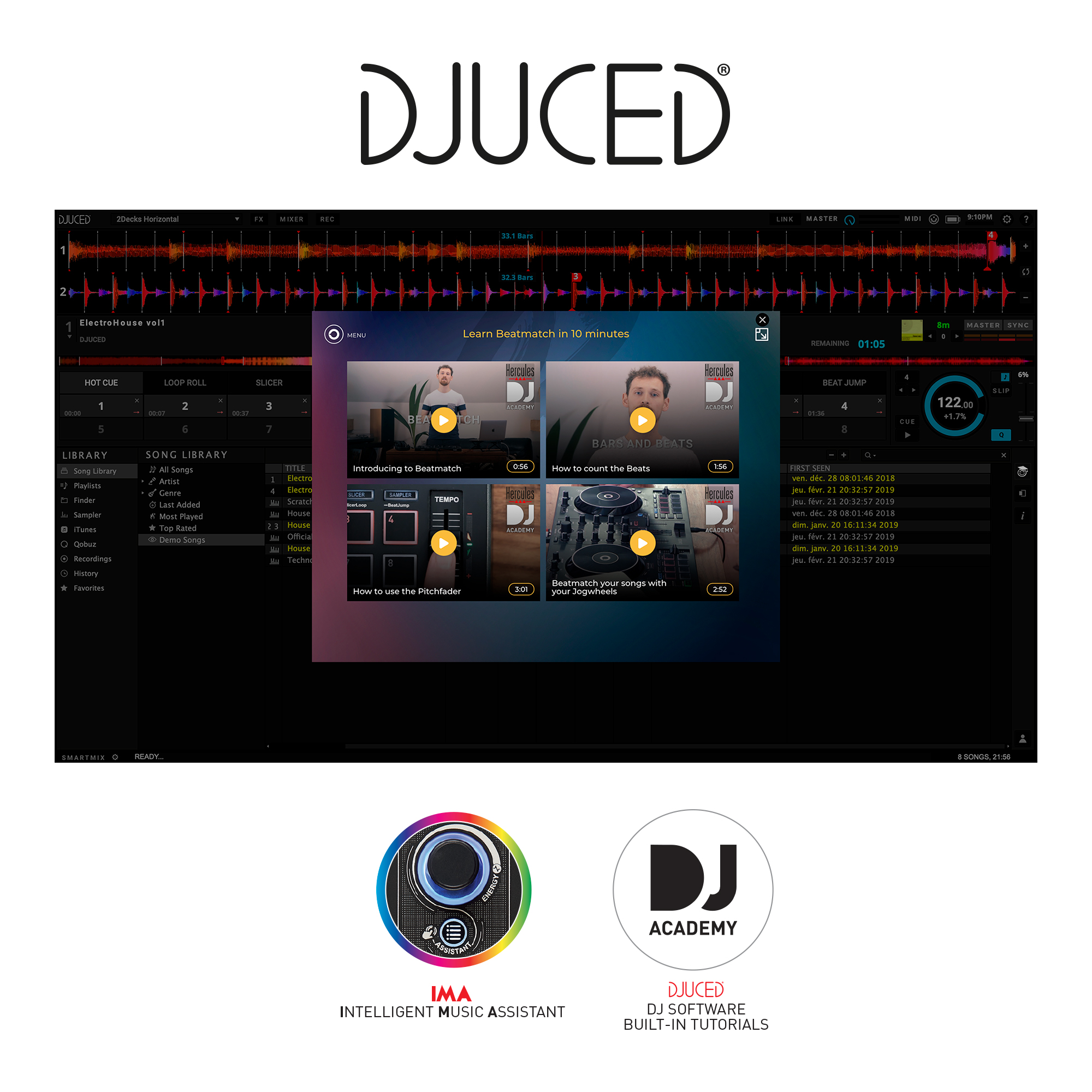 Una interfaz de software de DJ en una pantalla, con tutoriales y un logo de DJ academy.