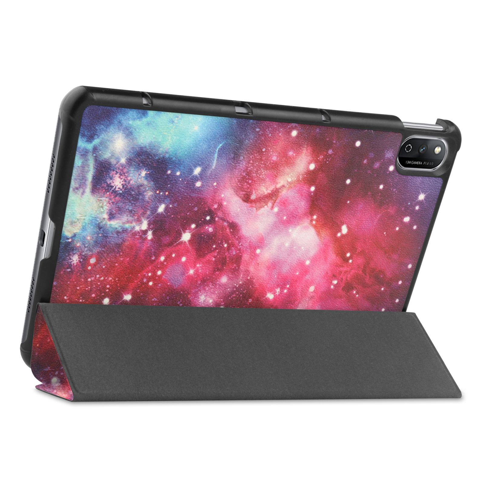 Tablethülle mit Galaxiedesign. Das Tablet ist in der offenen Hülle.