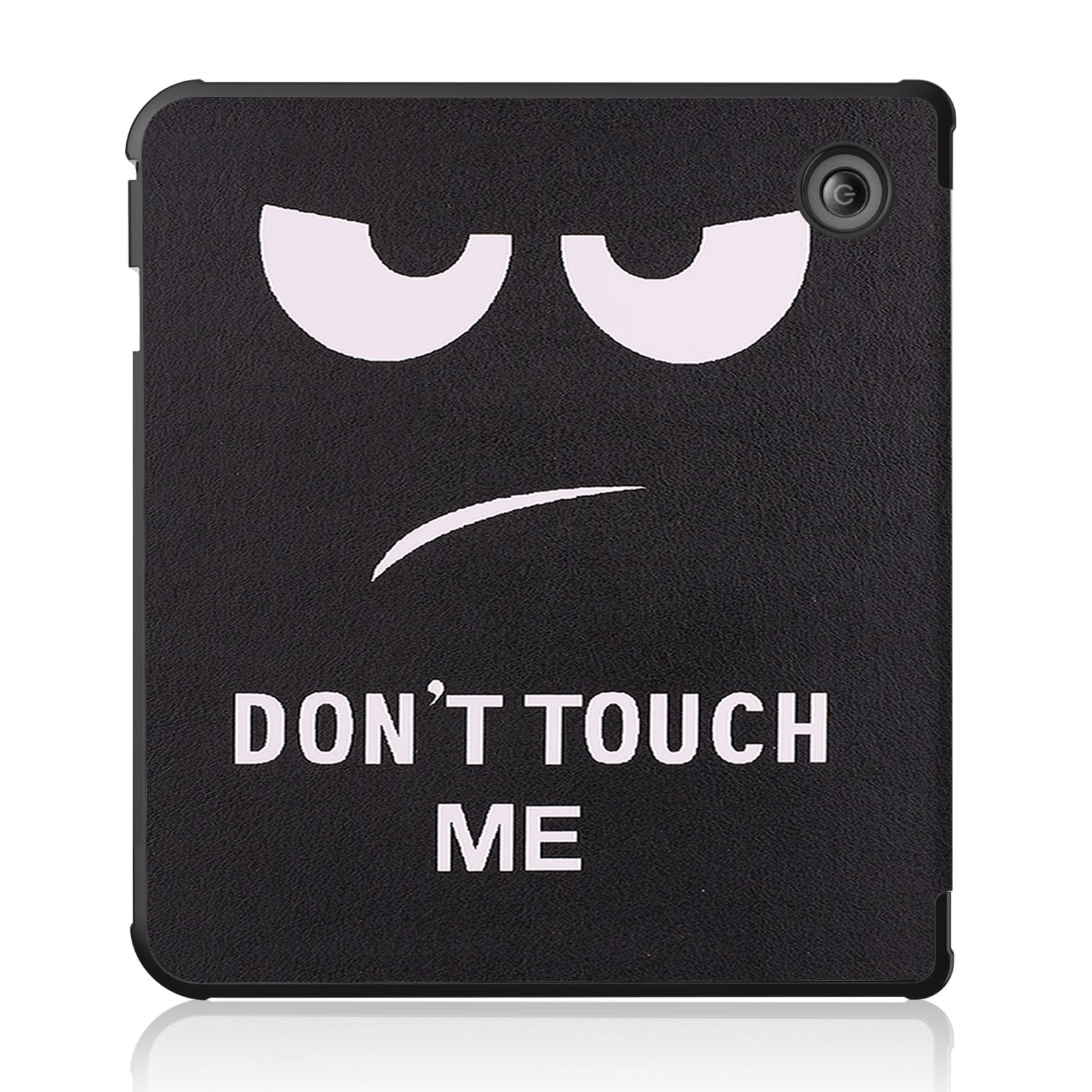 Schwarze Tablethülle mit Gesichtsdesign. Weiße Augen und eine gebogene weiße Linie für einen Mund.