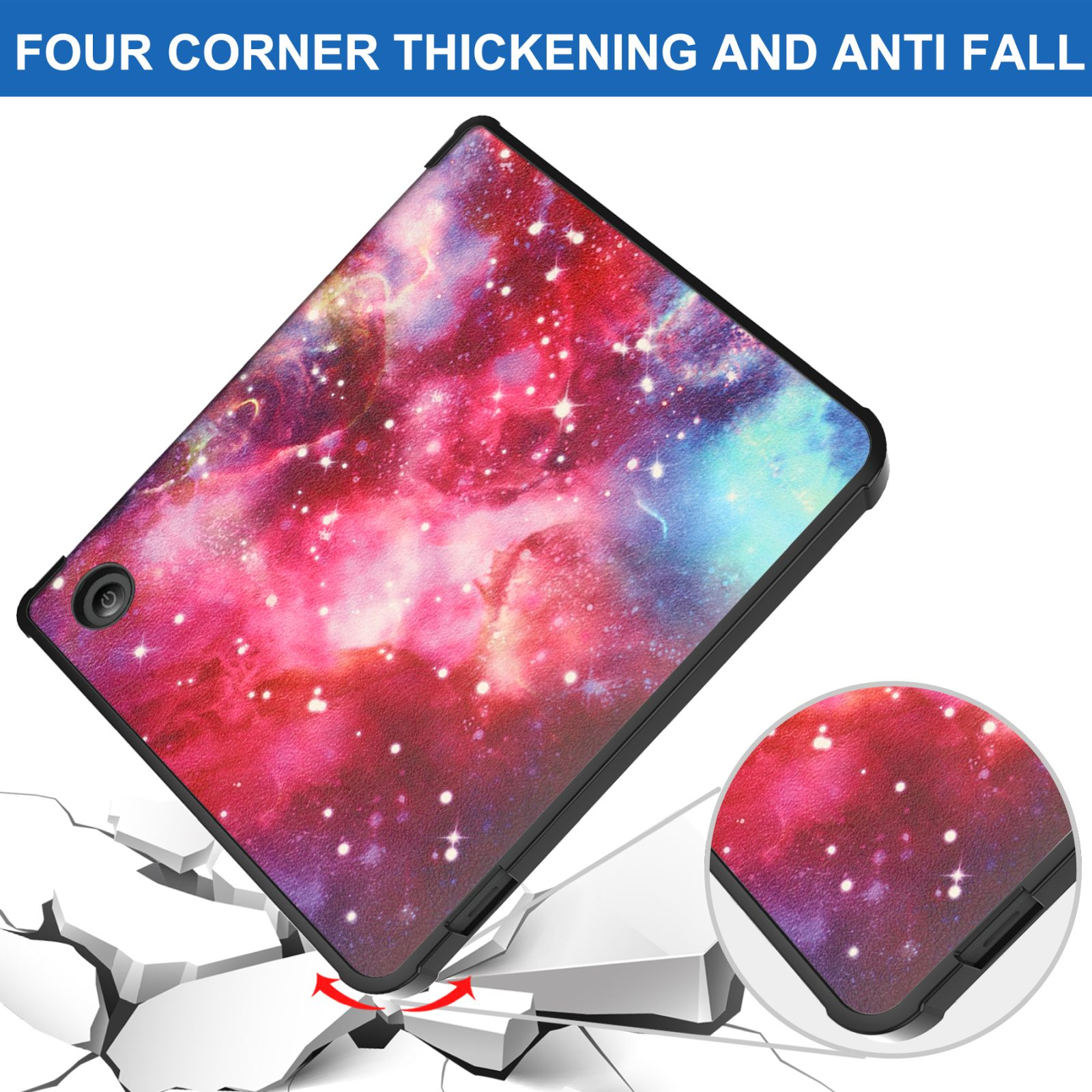 Tablet in einer Hülle, die ein kosmisches Design auf der Hülle zeigt. Eine Vertiefung zeigt die Ecke der Hülle.