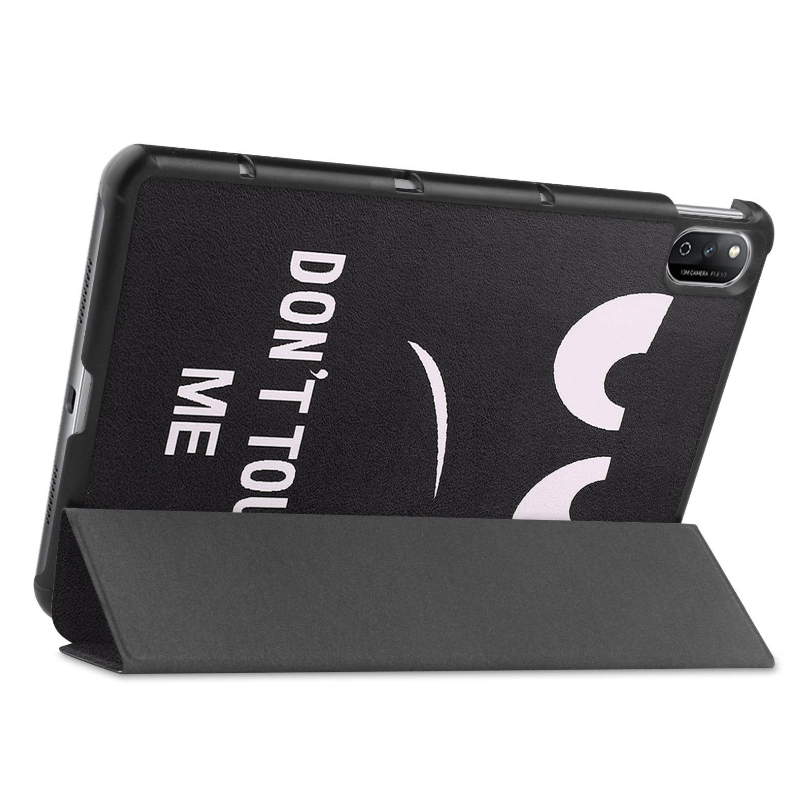 Schwarze Tablet-Hülle mit 'Don't touch me'-Text und einem Smiley. Grauer Ständer. Weißer Hintergrund.