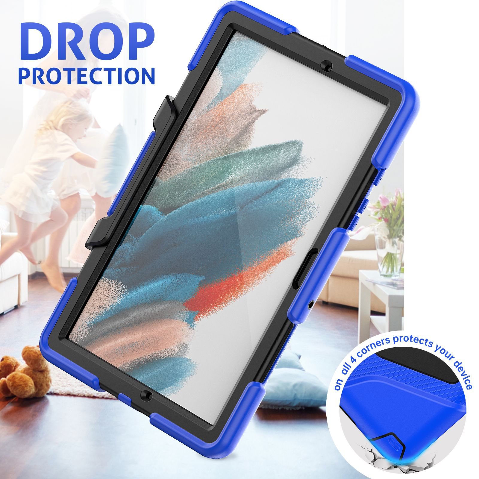Blaue und schwarze Tablethülle mit Fallschutz und Kind im Hintergrund.