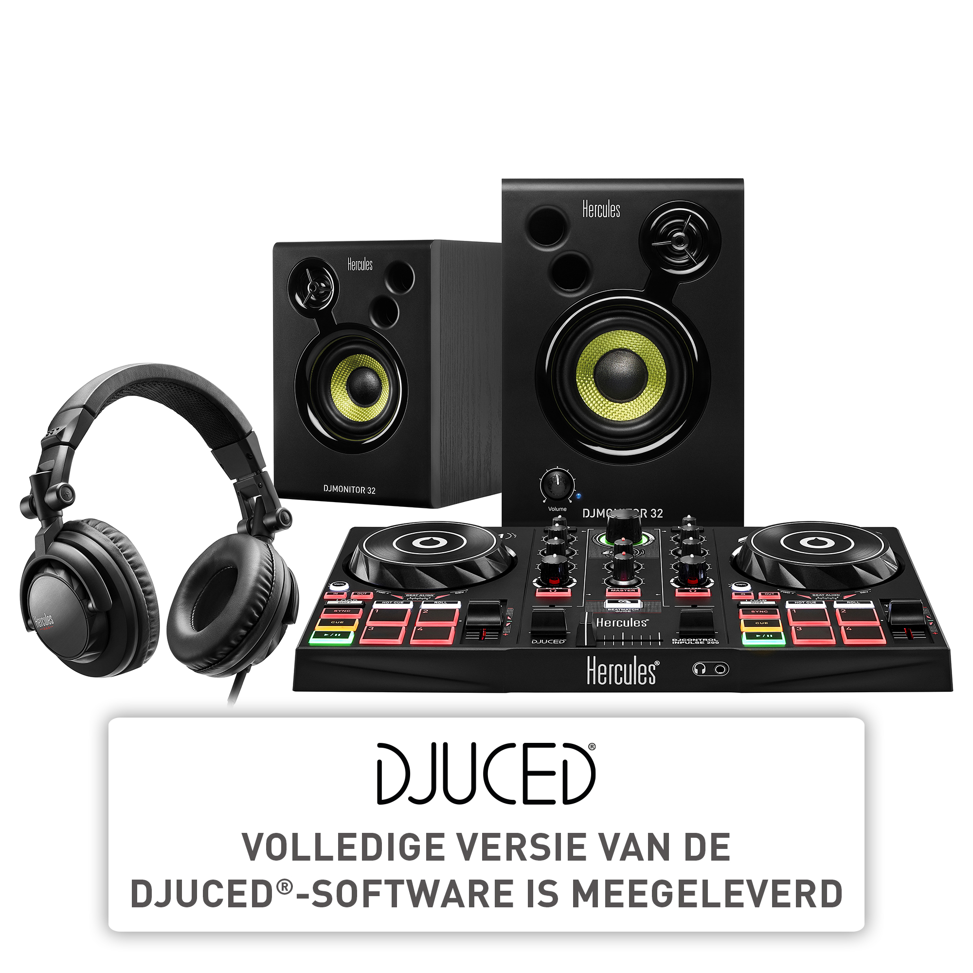 Configuración de DJ con dos altavoces, una mesa de mezclas y auriculares. Banner blanco con texto abajo.