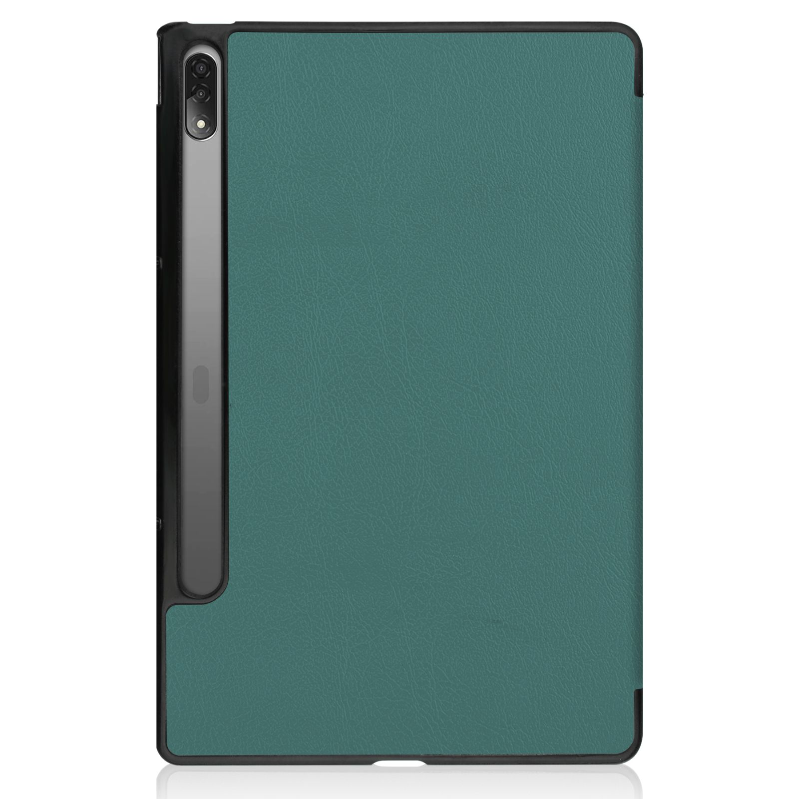Grüne Tablet-Hülle mit schwarzem Rahmen. Lederartige Textur.