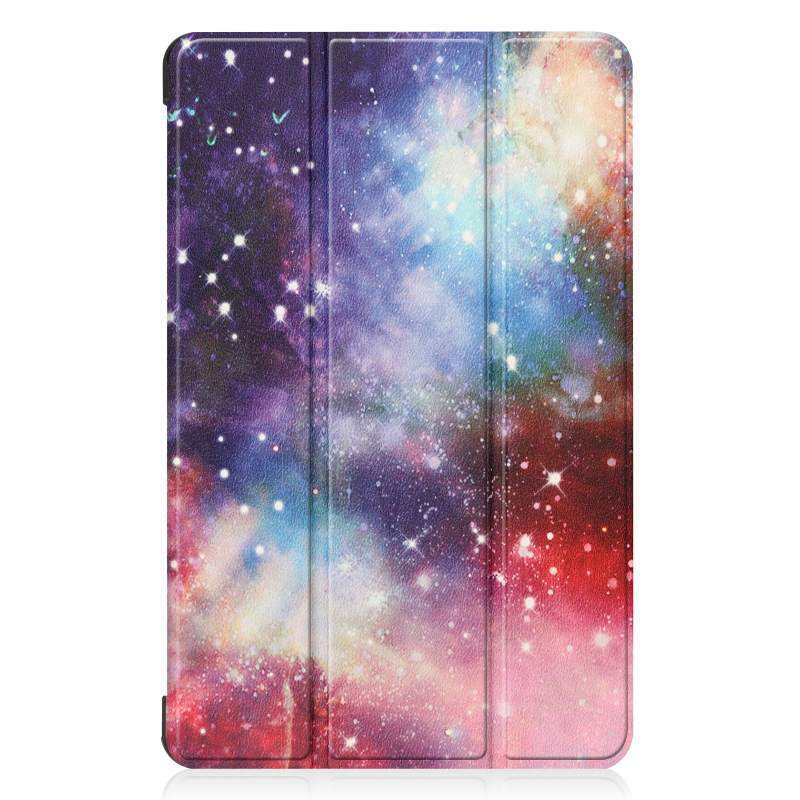 Tablethülle mit buntem Galaxiemuster auf der Vorderseite, geschlossen. Die Hülle ist geöffnet.