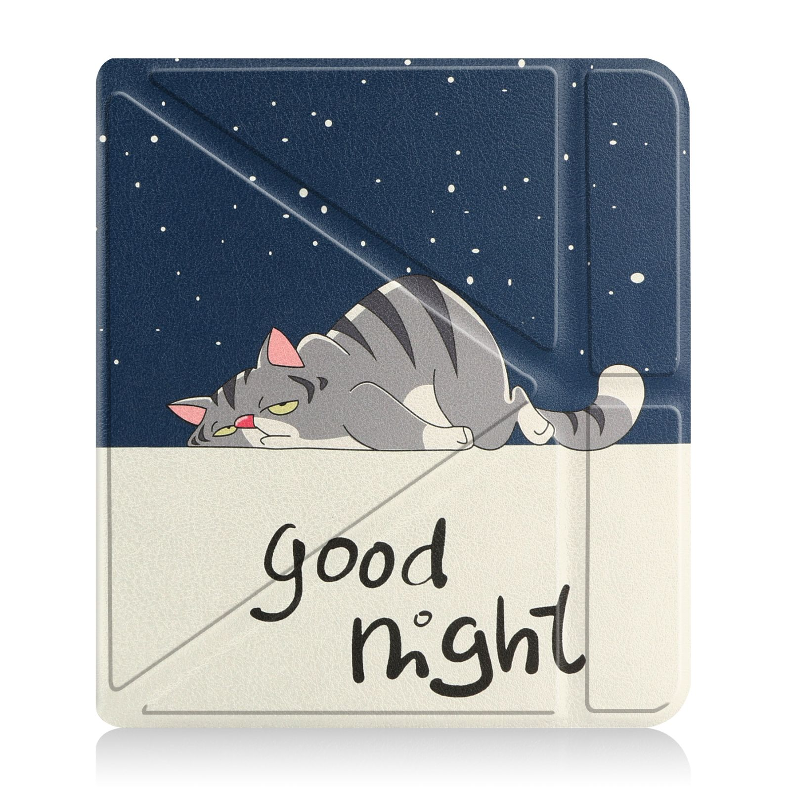 Katze auf der Hülle mit Gute-Nacht-Text. Nachthimmel-Hintergrund mit weißen Punkten.
