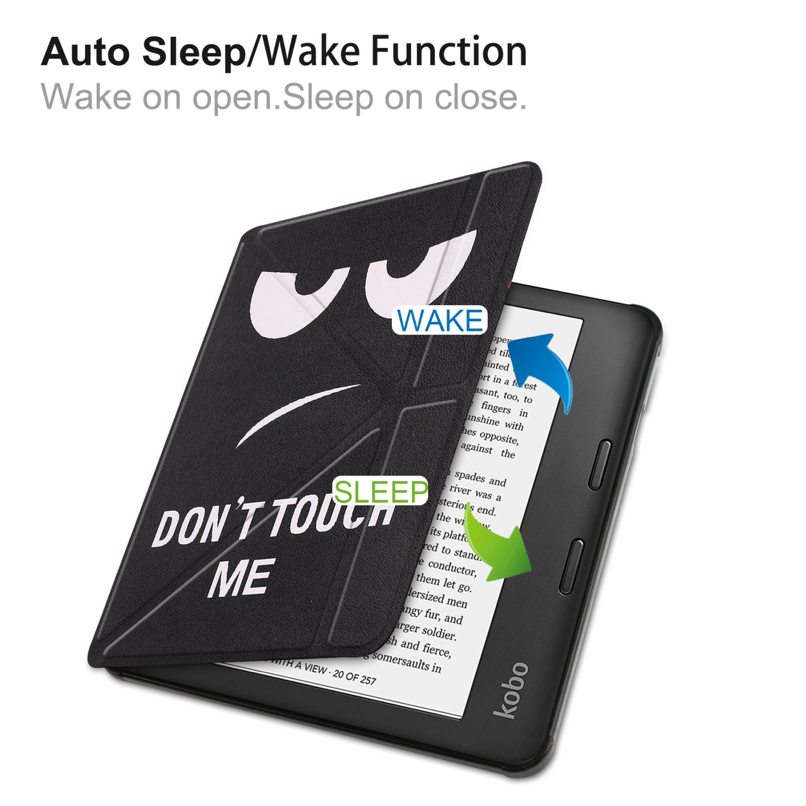 Schwarze Tablethülle mit der Aufschrift 'Don't Touch Me'. Zeigt die Auto-Sleep/Wake-Funktion.