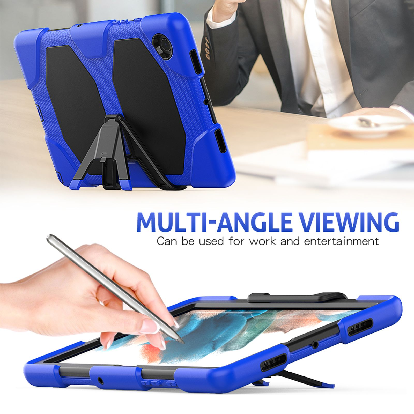 Blaue Tablet-Hülle mit Ständer. Eine Hand benutzt einen Stift auf dem Tablet. Text: Multi-Winkel-Anzeige.