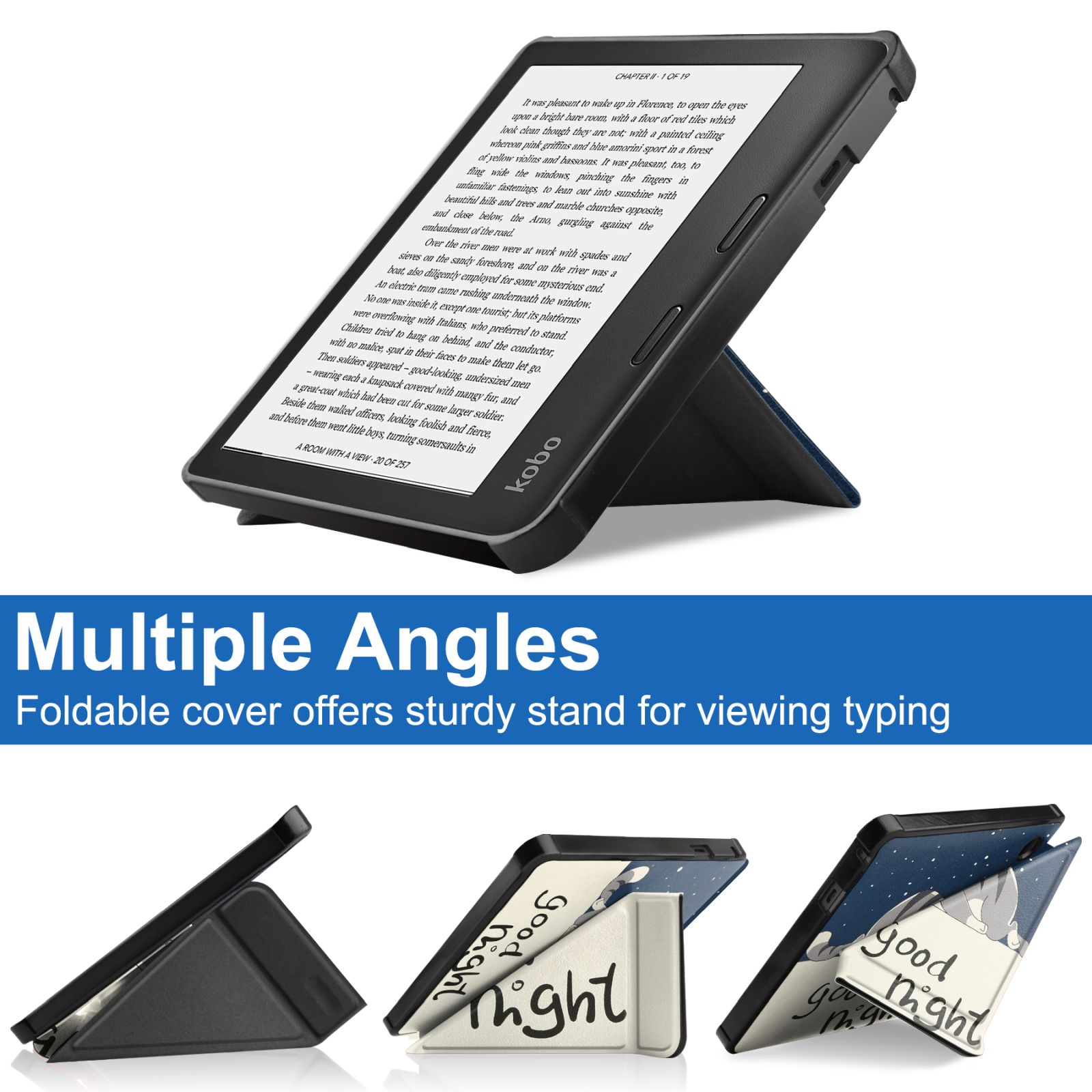 Schwarzer E-Reader mit Ständer, Text anzeigend. Mehrere Winkel zeigen Standfunktionen.