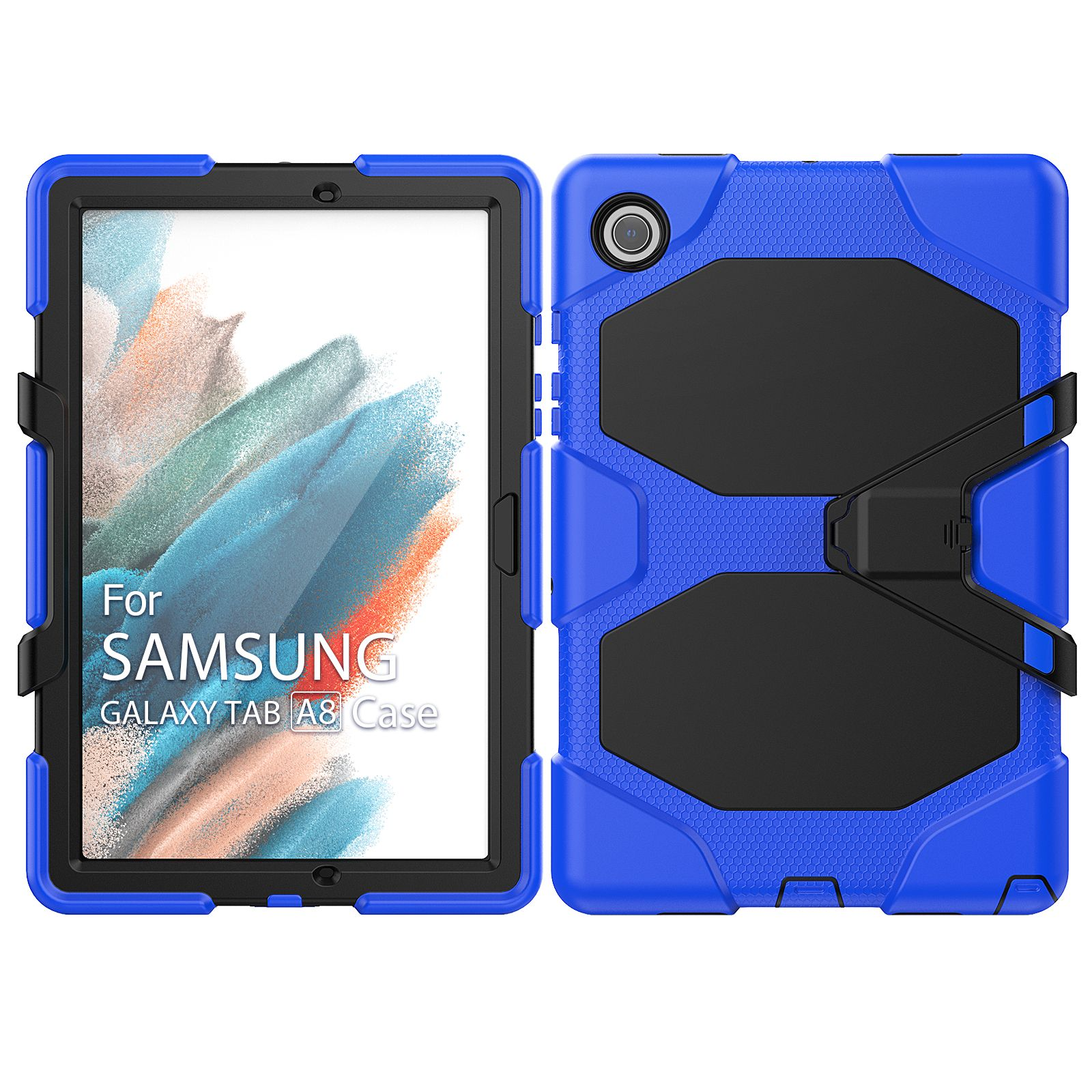 Eine blau-schwarze Tablet-Hülle mit den Worten „For SAMSUNG GALAXY TAB A8 Case“ darauf gedruckt.