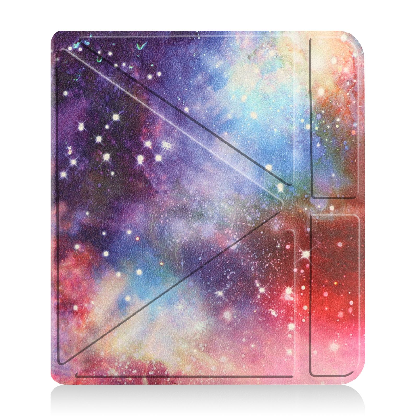 Eine Tablethülle mit einem bunten Galaxiedesign. Die Hülle ist geschlossen.