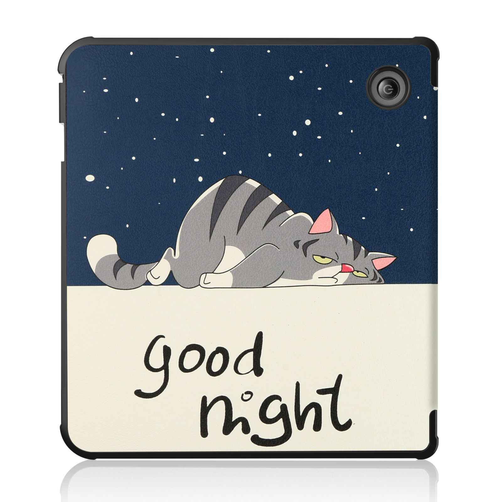 Tablet-Hülle mit Katzen-Illustration und den Worten 'gute Nacht'. Dunkelblauer Hintergrund.