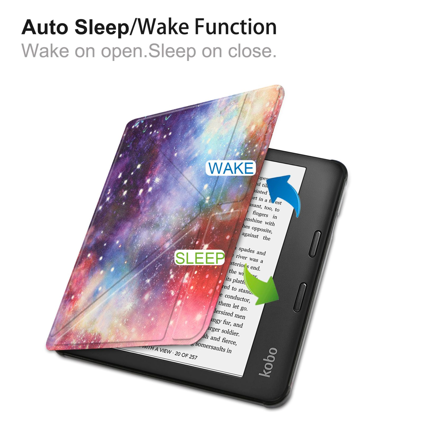 E-Reader mit Galaxie-Cover, geöffnet. Text weist auf Schlaf-/Weckfunktion hin.