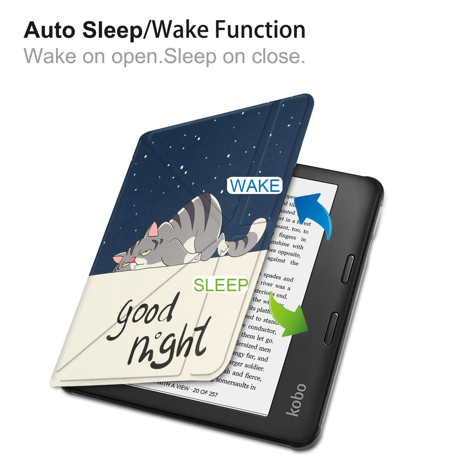 E-Reader mit Hülle. Die Hülle sagt 'gute Nacht' und zeigt eine Katze. Der Bildschirm zeigt Text. Text sagt 'Auto Sleep'.