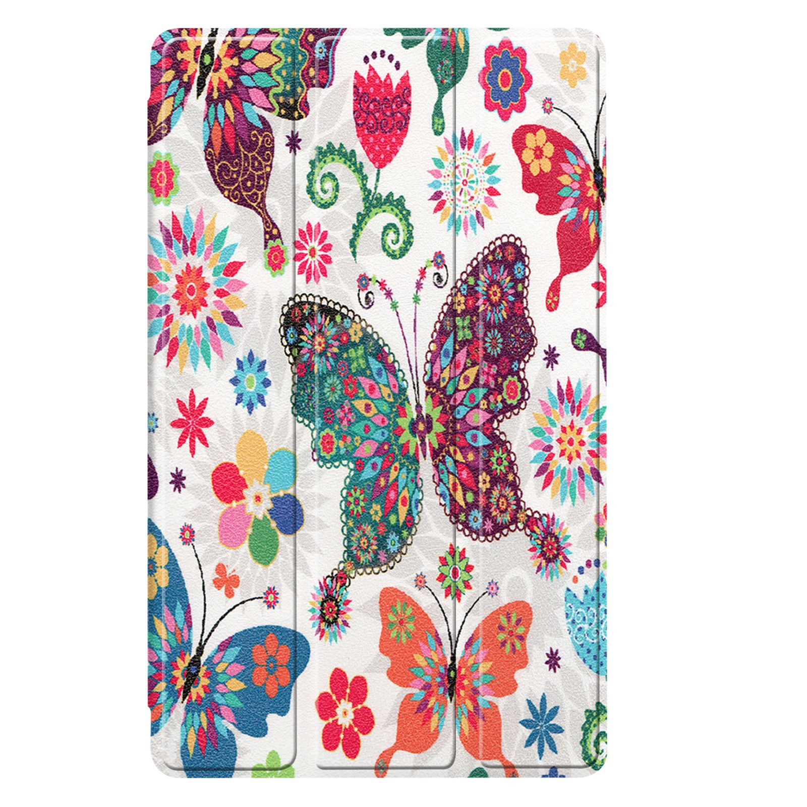 Weiße Tablet-Hülle mit bunten Schmetterlingen und Blumen. Die Hülle ist geschlossen.