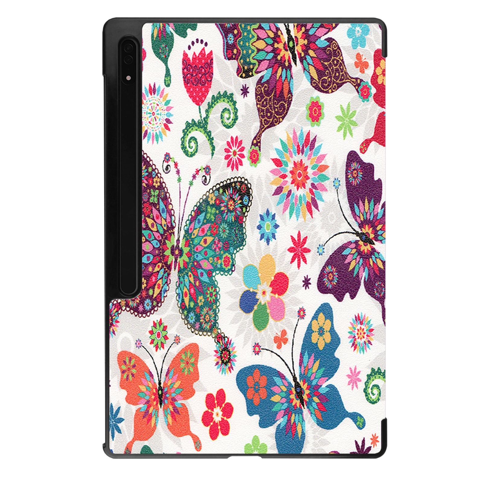 Tablet-Hülle mit weißem Hintergrund, verziert mit bunten Schmetterlingen und floralen Mustern.