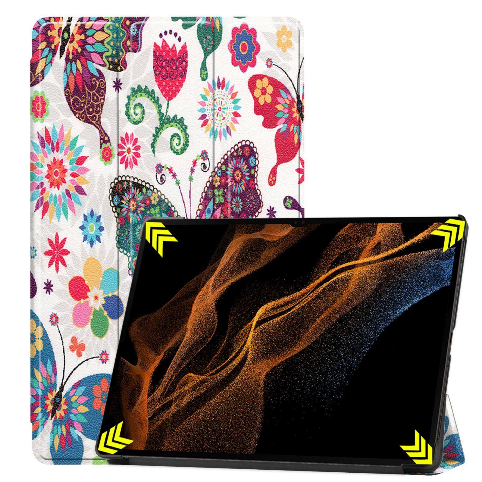Tablet in einer Hülle mit farbenfrohem Design. Die Hülle hat Schmetterlinge und Blumen. Tablet ist sichtbar.