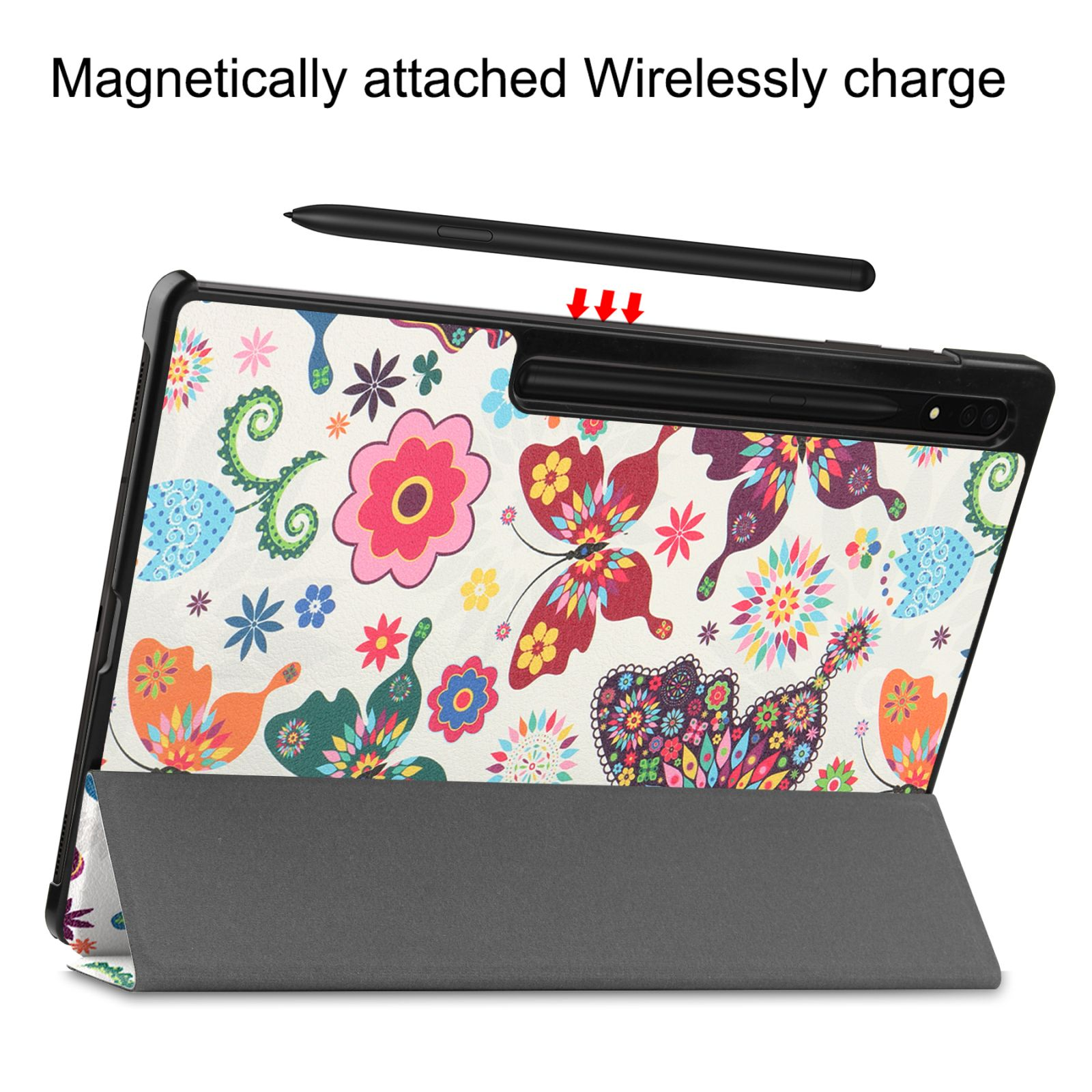 Tablet mit einer Hülle mit Blumenmuster und einem Stift. Der Stift ist magnetisch befestigt.