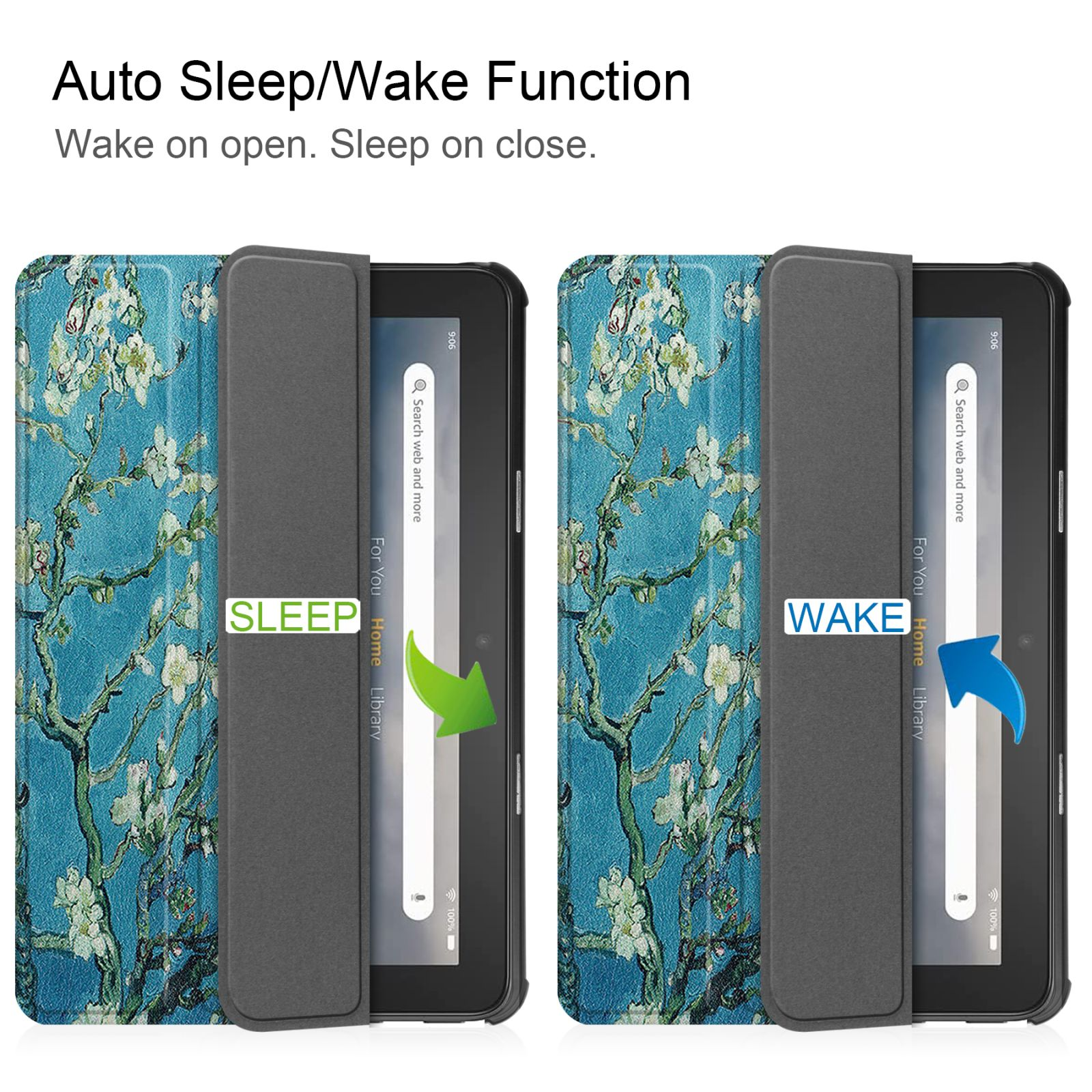 Geöffnete Tablet-Hülle. Eine Seite sagt 'SLEEP', die andere 'WAKE'. Mit Malerei im Stil von Van Gogh.