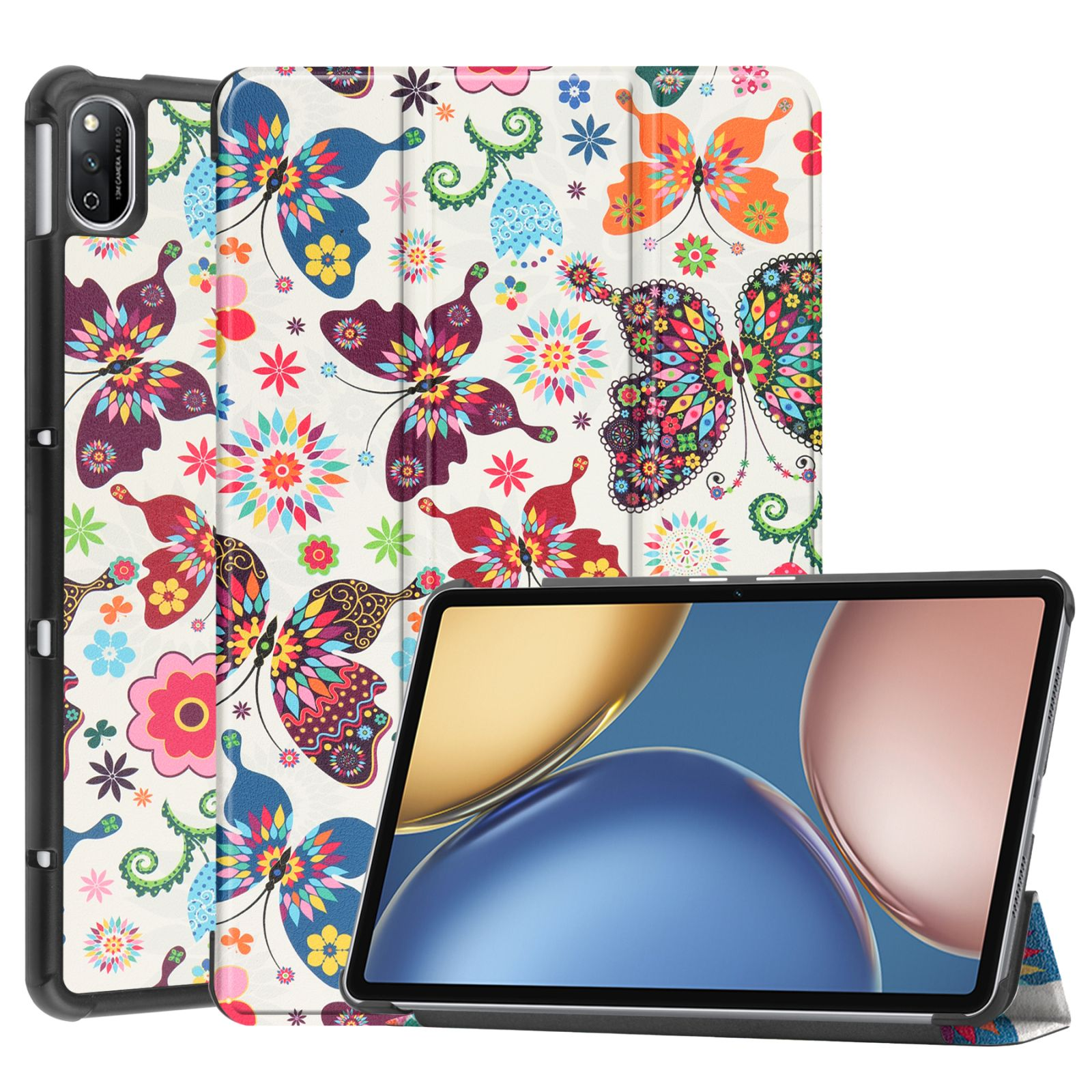 Tablethülle mit buntem Schmetterlingsdesign auf weißem Hintergrund. Tablet sichtbar.