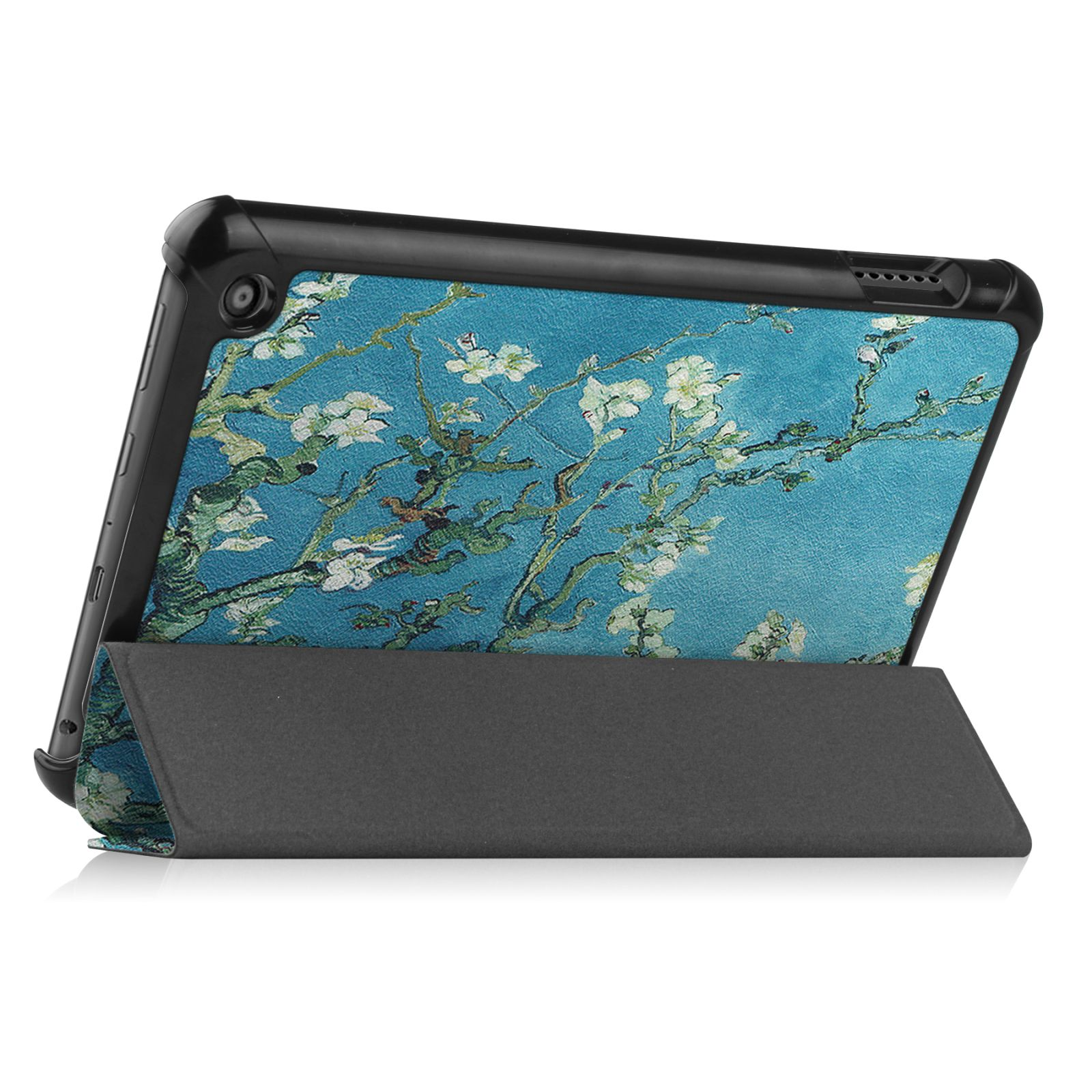 Tablet-Hülle mit blauem Cover, das ein Van-Gogh-Gemälde zeigt, und das Tablet aufrecht hält.