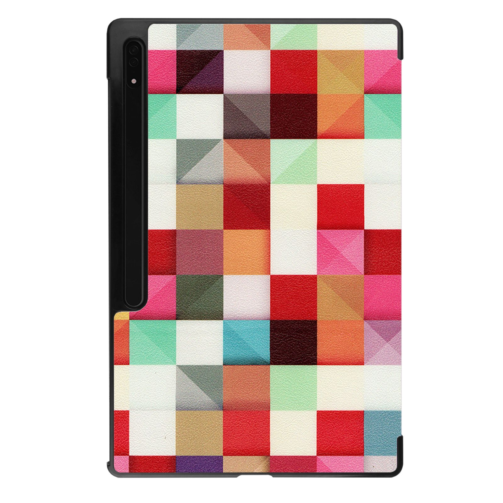 Tablethülle mit farbenfrohem geometrischem Muster. Die Hülle bedeckt die Rückseite und einen Teil der Tabletseite.