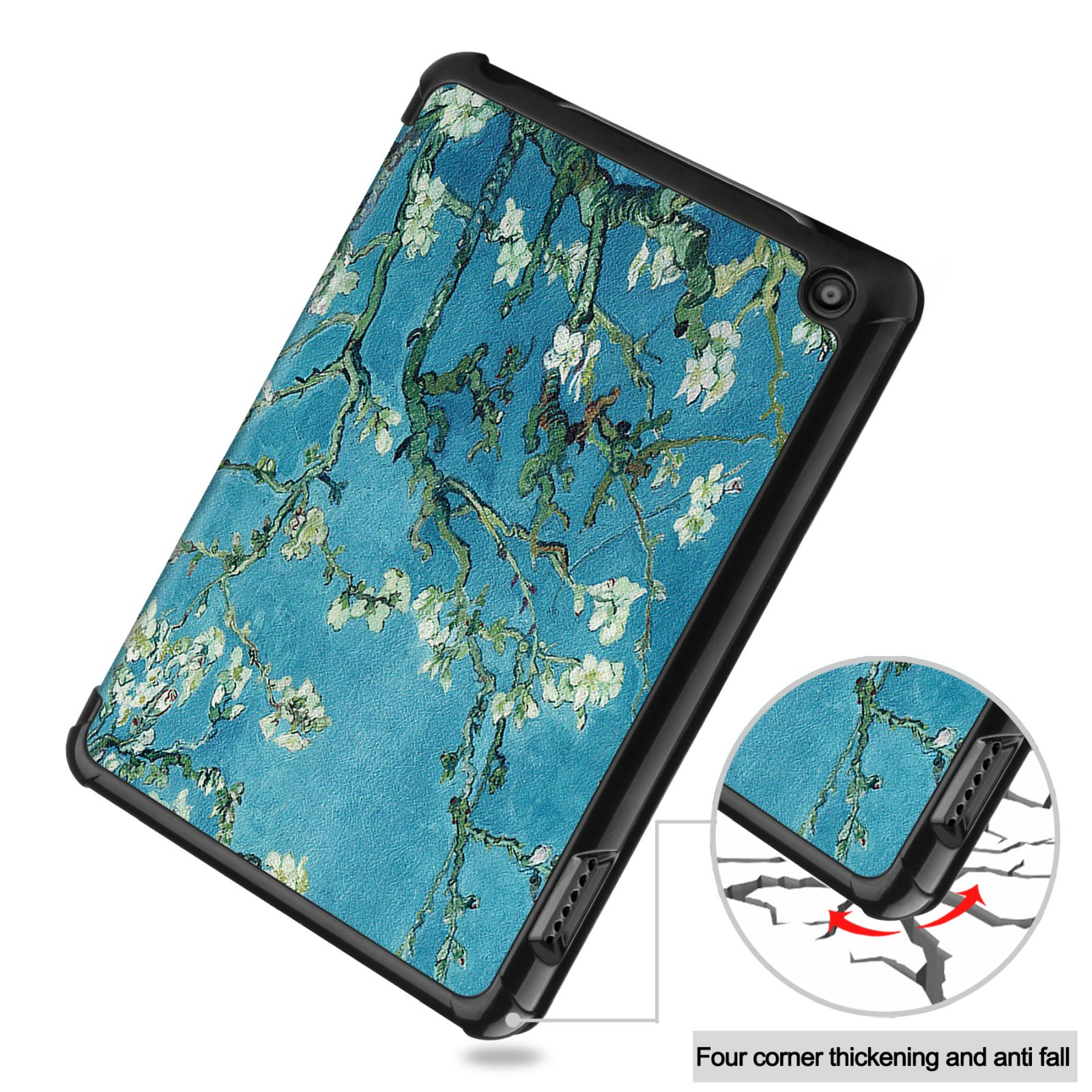 Tablethülle mit schwarzem Rahmen und Van-Gogh-Gemäldedesign. Die Hülle ist offen.