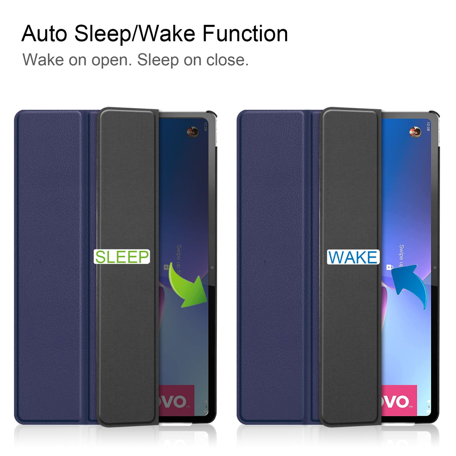 Zwei Tablet-Hüllen, eine mit dem Wort 'SLEEP' und die andere mit 'WAKE', zeigen die automatische Schlaf-/Weckfunktion.